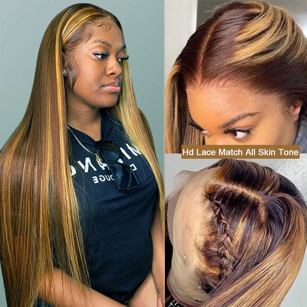 Sunelk 26 Inch HD Lace Front Wigs Human Hair Pre Plucked Straight Ombre Brown to Honey Blonde Colored Brazilian Virgin Human Hair Glueless Wigs Human Hair 150% Density
