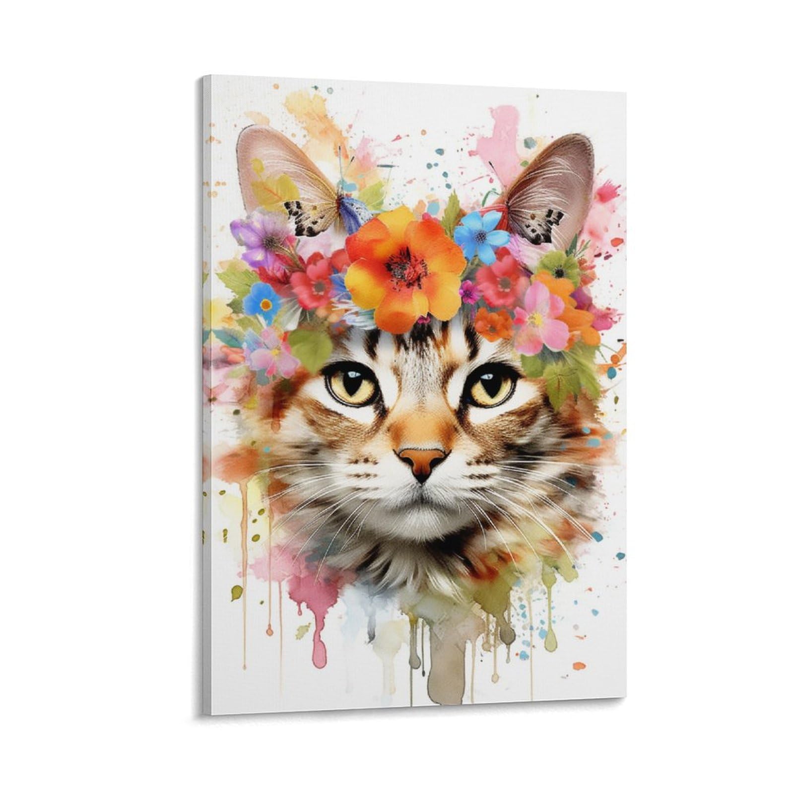 FOCCAR Watercolor Floral Cat Canvas Wall Decor Brown Kitten With Flower Poster Wall Art for Living Room Bedroom Artwork