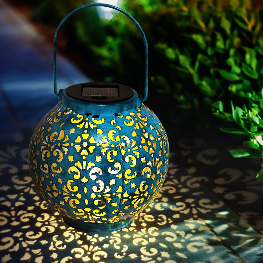 Sworway Solar Lantern lights, Solar Lights Outdoor Waterproof Glass Lantern Table Lamps Great Outdoor Lawn Decor for Patio Garden, Yard and Lawn, Blue, L7071