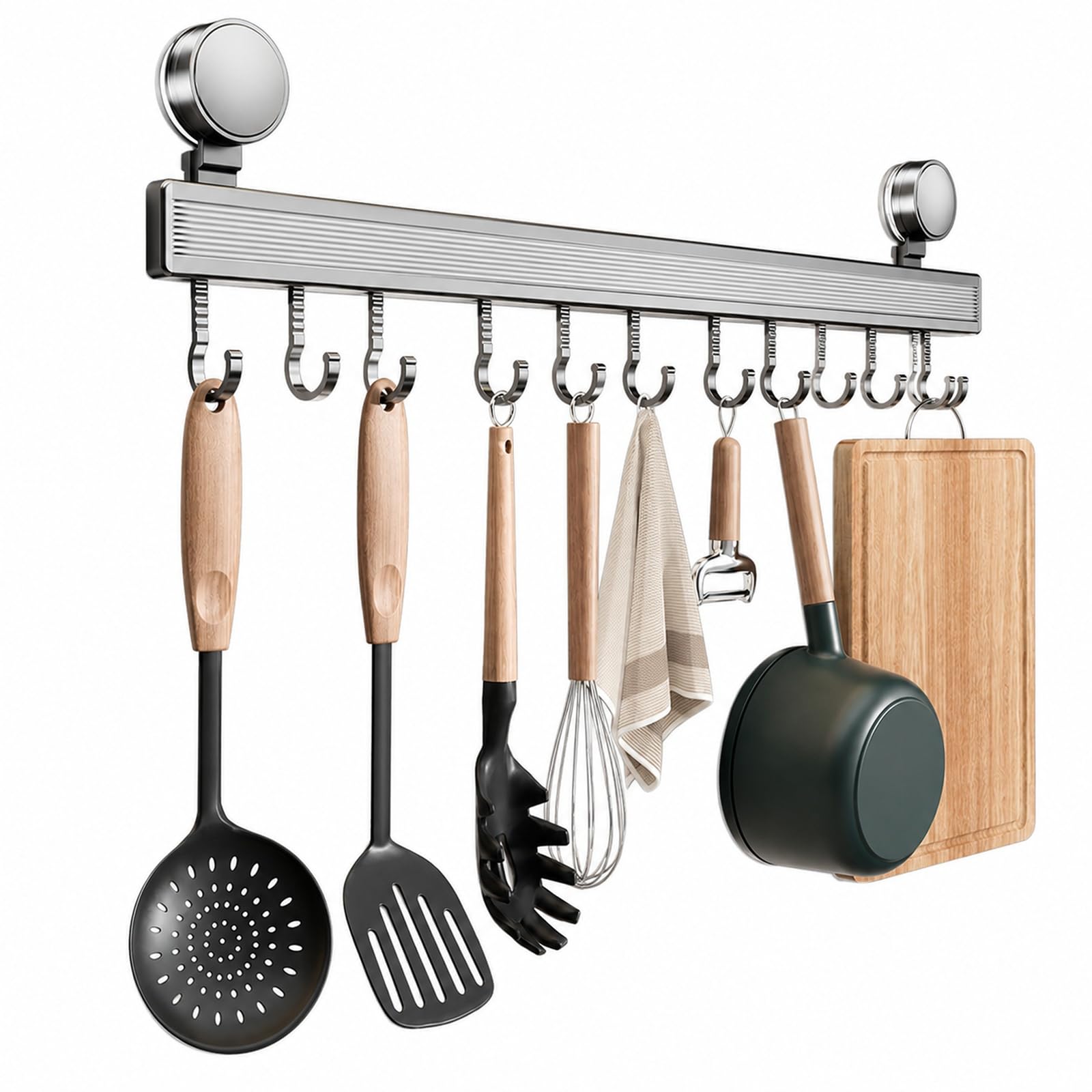 GOOGO Kitchen Hook Rail No Drilling, 60 cm Suction Cup Utensil Rack with 12 Adjustable Hooks, Removable Aluminium Hook Rail, 20 kg Load Capacity, for Kitchen Utensils, Towels, Tiles, Glass and Metal