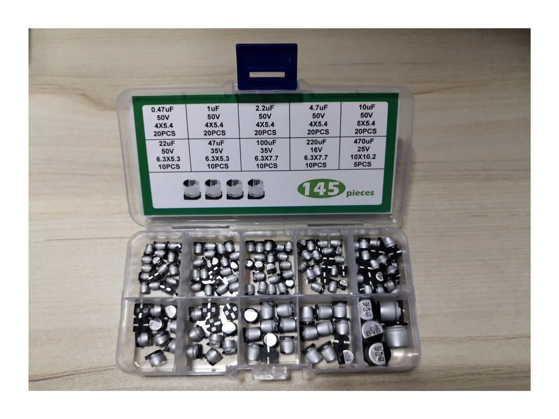 ICXLPMC 145pcs Aluminum Electrolytic Capacitor Kit Mix 10values Box 35V/25V/10V 0.47uf/1uf/2.2uf/4.7uf/10uf/22uf/47uf/100uf/220uf/470uf