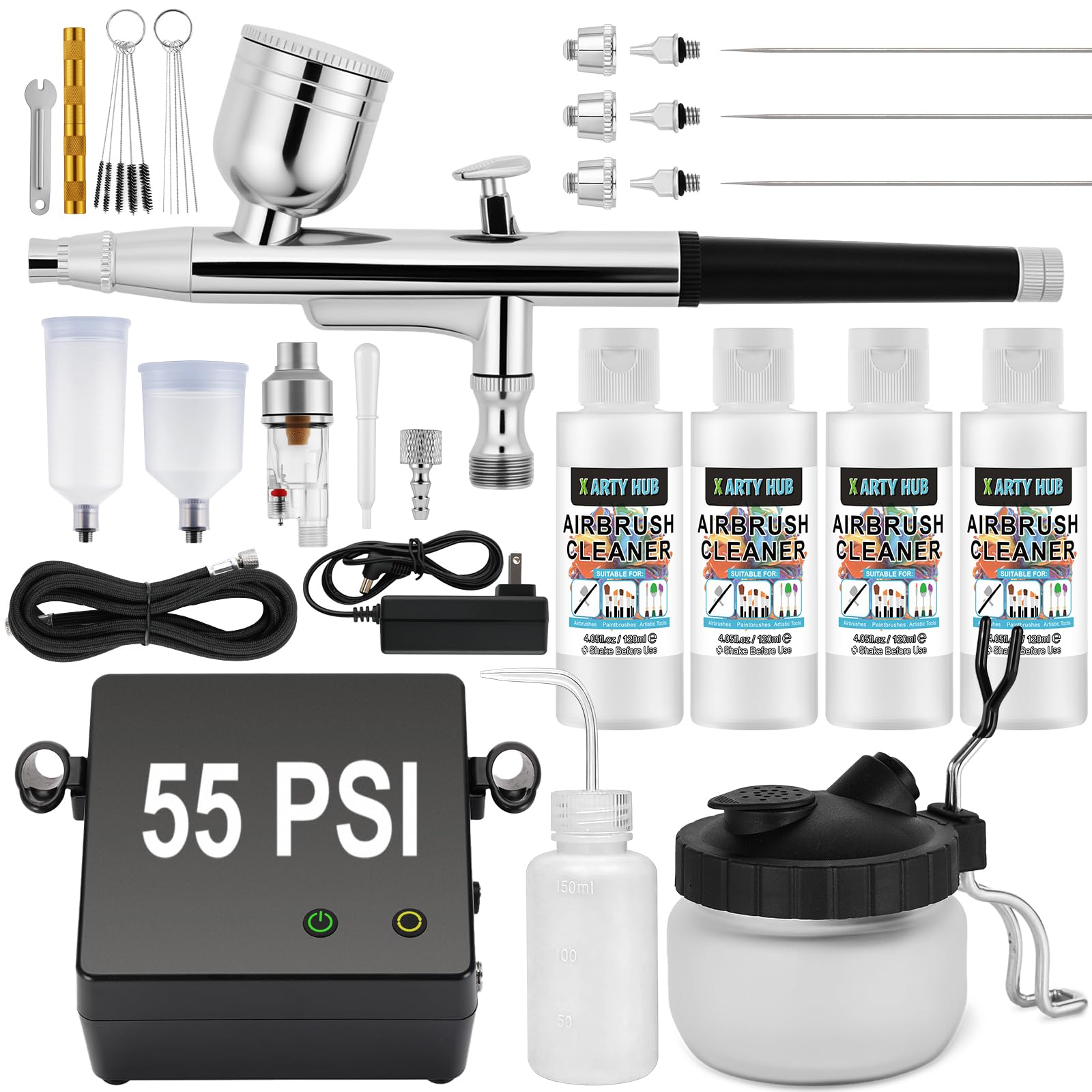 Airbrush Kit with Air Compressor, 55 PSI High-Pressure Non-Clogging Air Brush Gun with 0.2/0.3/0.5mm Nozzles & Cleaning Kit (4 × 120 ml Cleaner) – for Model Painting, Artwork & Crafts