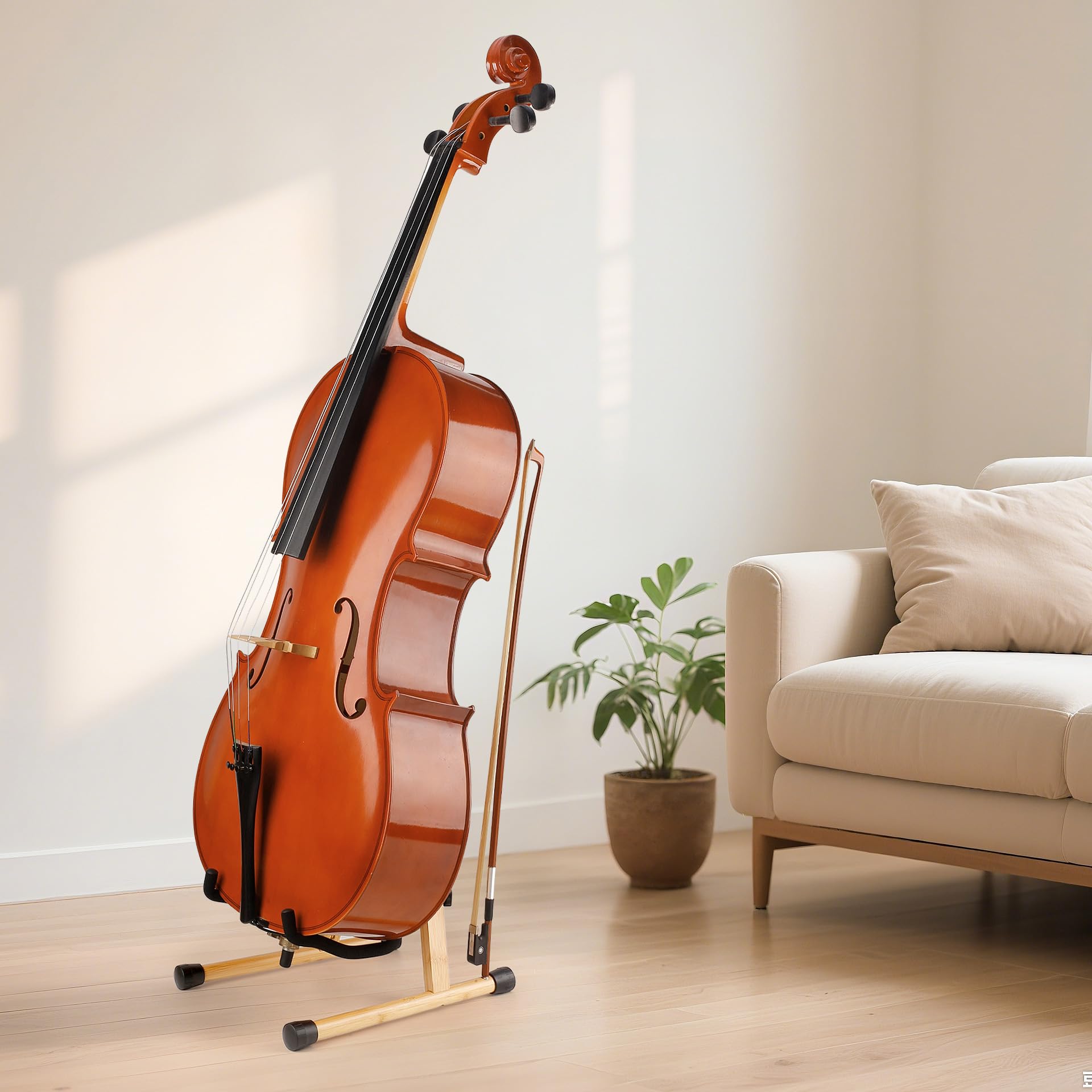 Soporte para celo con soporte de arco, soporte de madera en forma de A con espuma acolchada, soporte hecho a mano para 1/2, 3/4, 7/8, 4/4 (tamaño completo) y guitarras (bambú, celofán)