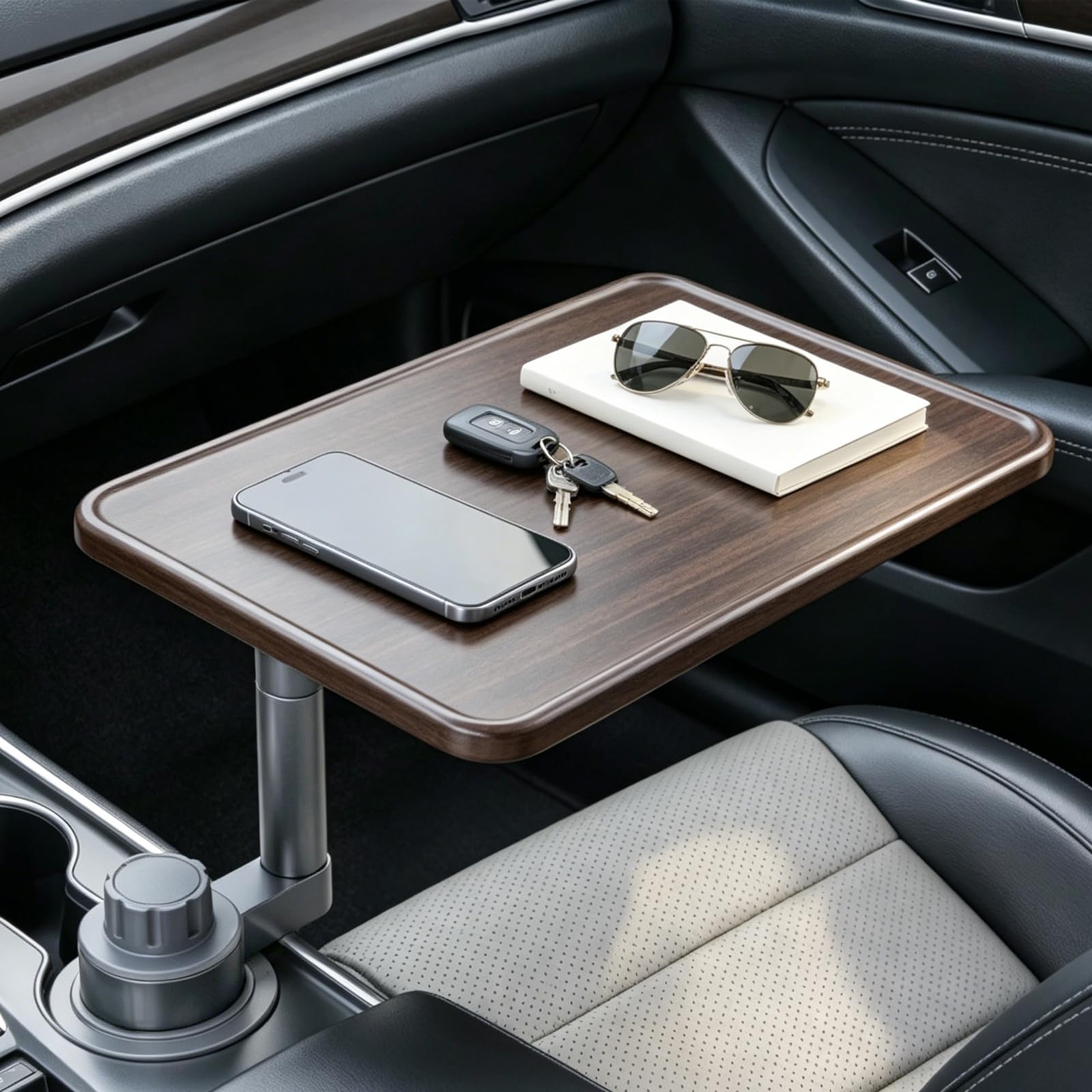 Mesa giratoria de 360° para portátil de coche con portavasos, soporte de madera para el interior del vehículo, mesa de coche multifuncional y bandeja, compatible con Tesla, Ford y la mayoría de