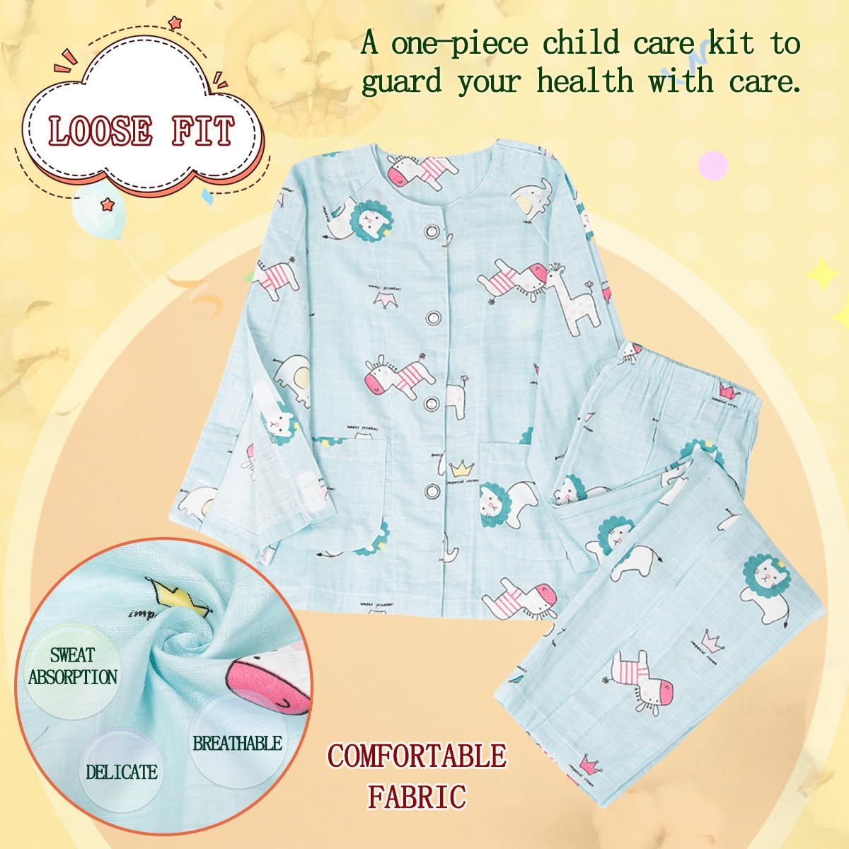 Childrens Bedridden Patient Clothing,Care Clothes,Disability Set with Full Opening on Both Sides,Post-Fracture Nursing Aid Suitable for Boys and Girls(Animal Pattern,140) Blue