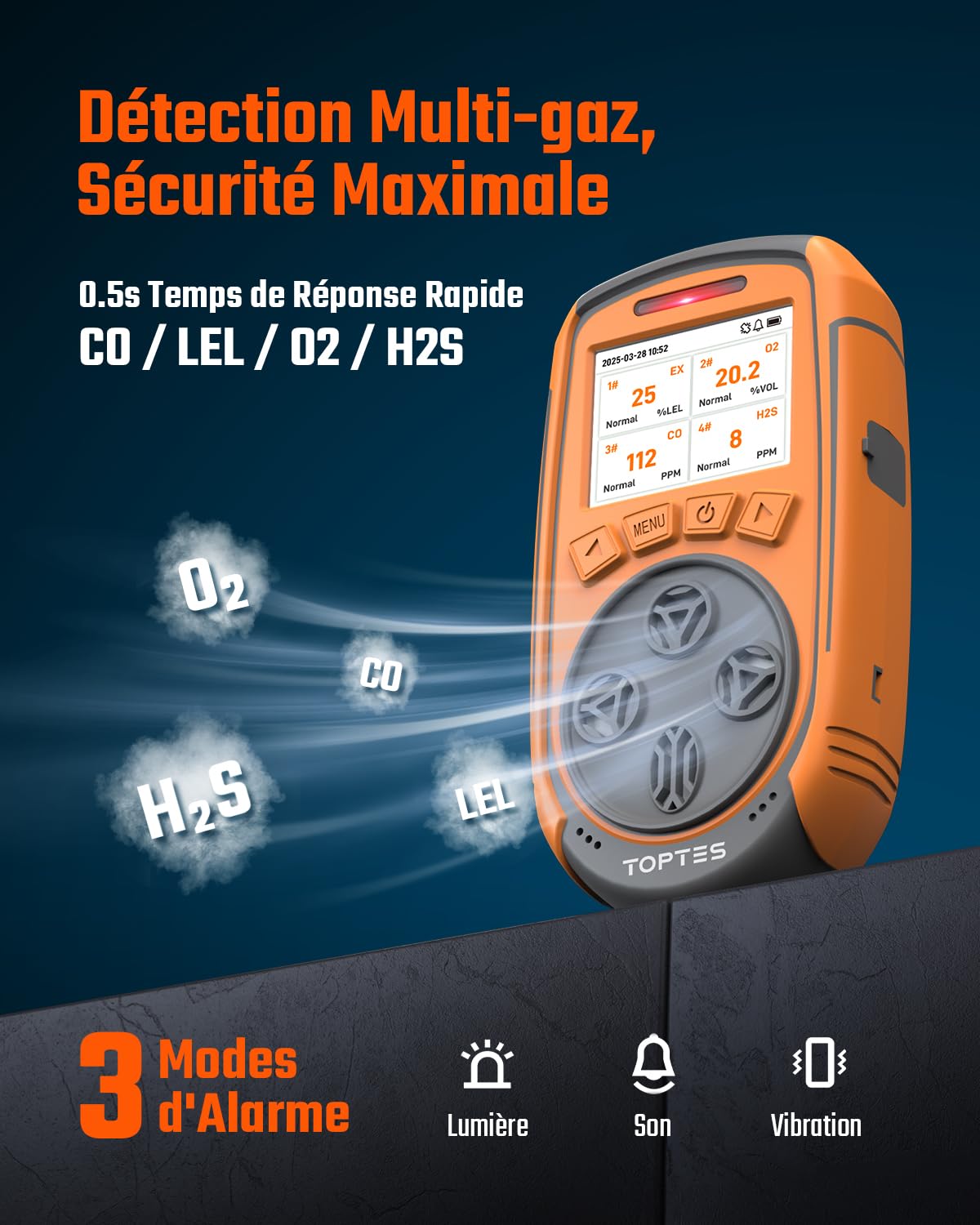 TopTes Détecteur De Gaz, Moniteur 4 Gaz pour H2S, CO, LEL Et O2, avec Écran Couleur TFT, Capteur O₂Amélioré (5 Ans), Exportation de Données USB,18h Autonomie, Fiable pour Travail & Maison