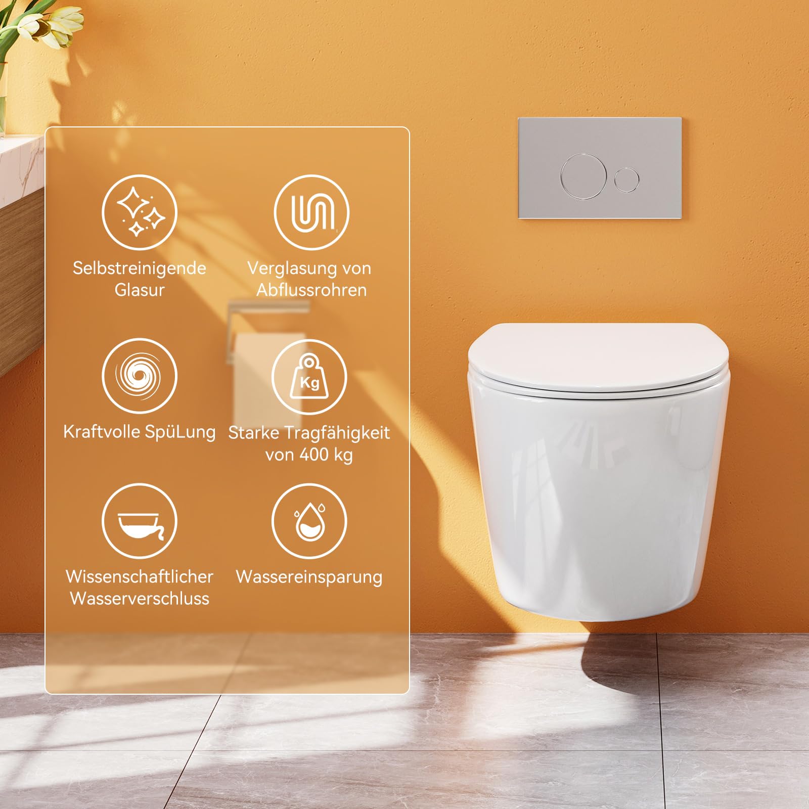 Teal Home WC sospeso in ceramica con coperchio WC con abbassamento automatico – Ciotola WC con risciacquo superspin monoforo, WC bianco con rivestimento nano – 52 × 37 × 34,5 cm