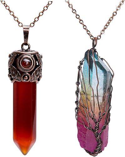 Bivei Life Tree - Collar con colgante de cristal de cuarzo transparente irregular de 7 chakras + collar de prisma hexagonal de latón antiguo retro,