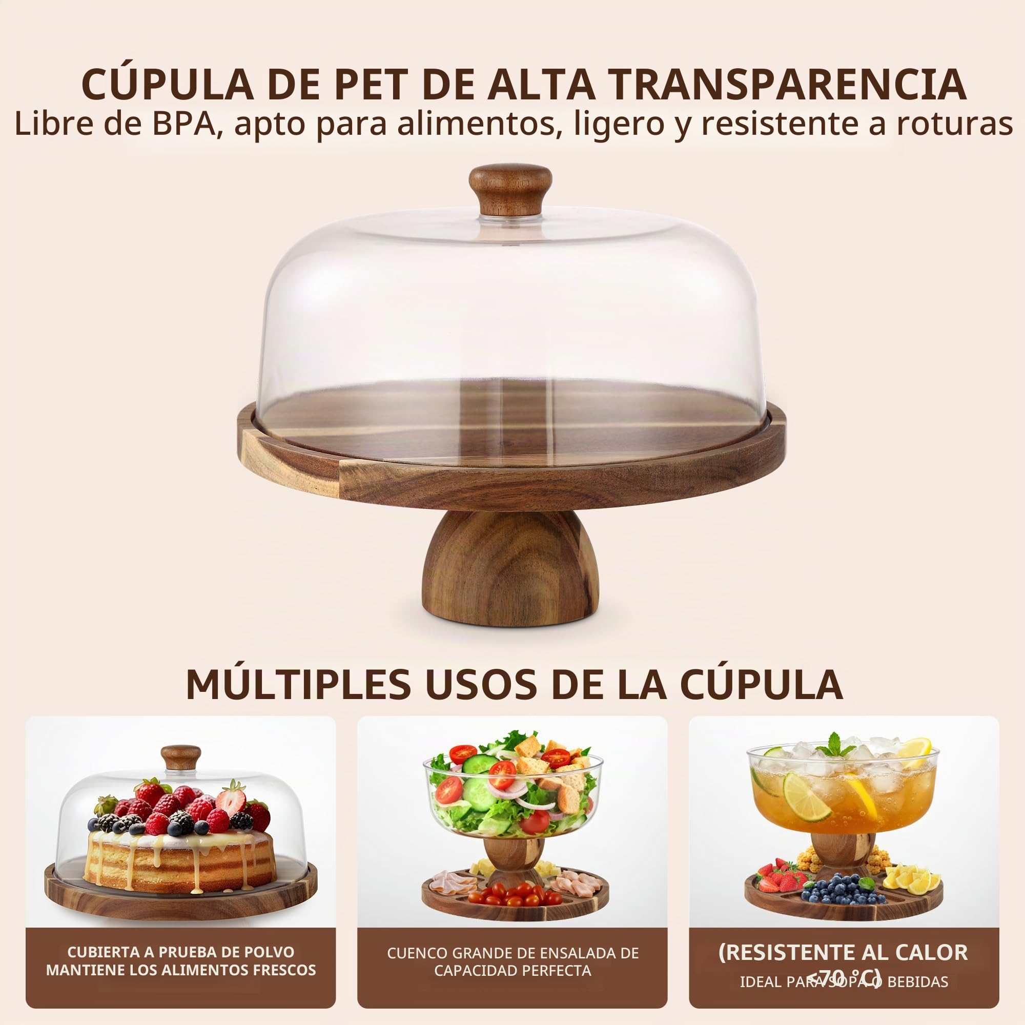 30cm soporte tarta de madera | bandeja doble cara para postres, frutas y snacks con base para tartas desmontable y campana para tartas PET transparente | Ideal boda, fiesta, té de la tarde