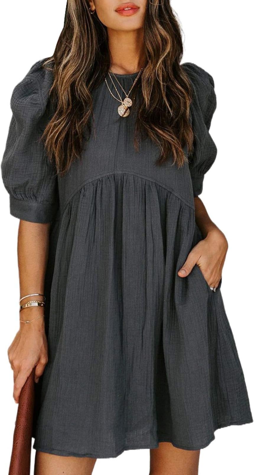 Dokotoo Womens Ladies Summer Sun Dress Spring Tunic Dress Round Neck Lantern Solid Color Short Sleeve High Waist Pocketed Mini Short Shift Dress for Party Gray Small