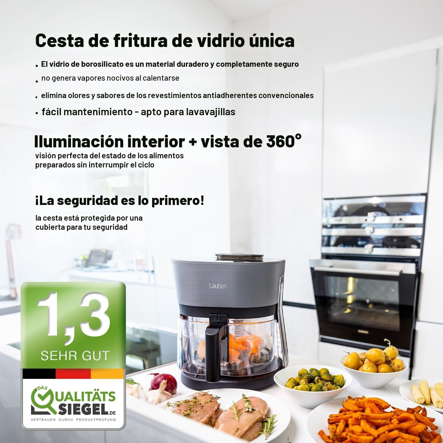 Lauben Freidora de aire 4500BG Glass&Steam - Cesta de cristal, función de vapor, 8 programas, ajuste manual, apta para lavavajillas
