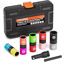 Vista 1 de Juego de 7 piezas de llave de tuerca de 1/2 pulgada de tamaño medio con tapa, protector de rueda de impacto con enchufe profundo, enchufe de rueda