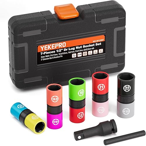 Miniatura 7 de YEKEPRO Juego de llaves de impacto de 12 pulgada, juego de 6 piezas de tuercas abatibles de pared delgada, acero al cromo moly, SAE y tamaños