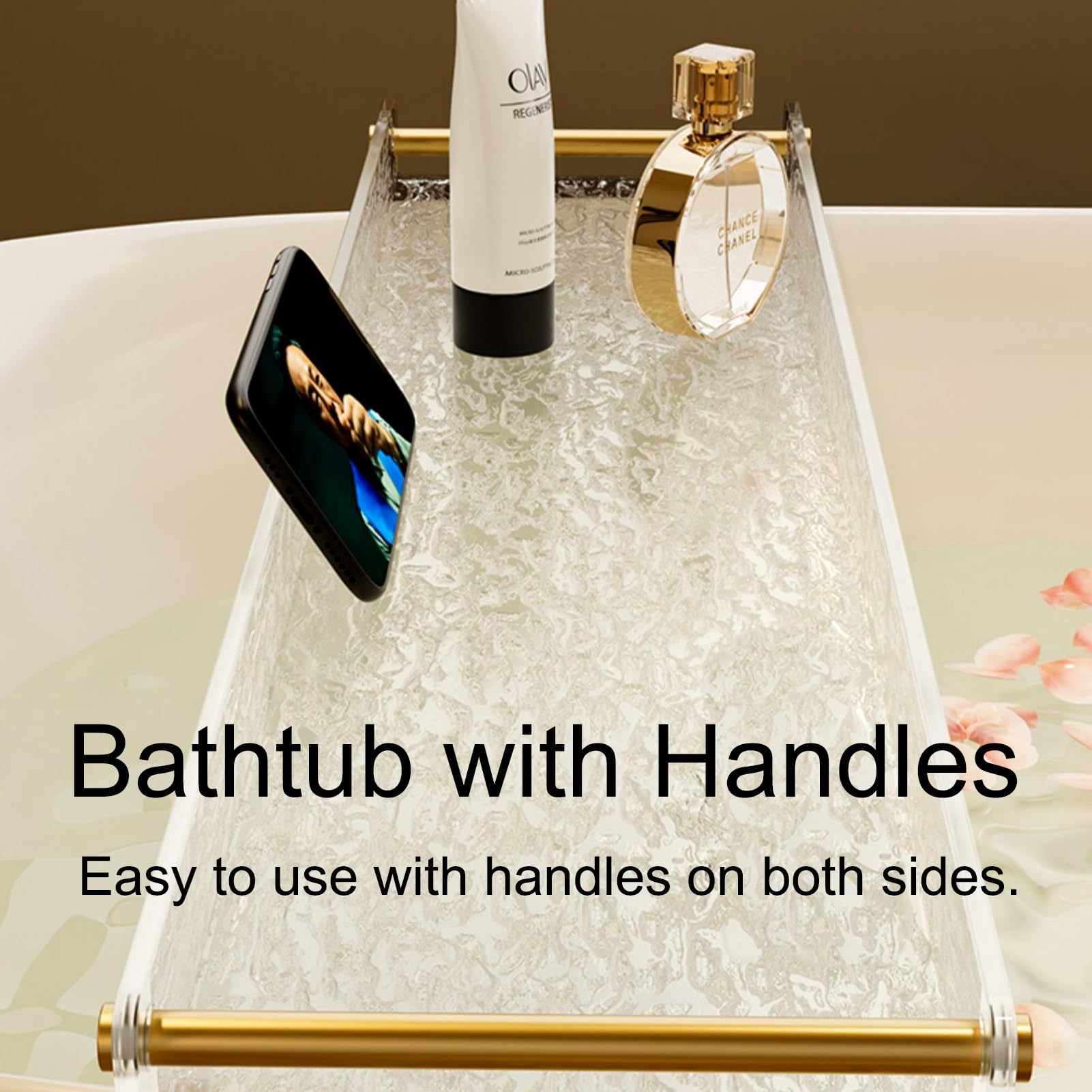 Bandejas para bañera,(es:Bandejas para bañera Transparentes con asa Dorada, bandejas para Ducha con Efecto Corrugado, Bandeja de acrílico, Soporte de Almacenamiento para bañera de 70/80/90