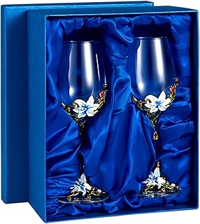 Wine Glasses Clear Enamel Handcrafted Champagne Glasses Red Wine Glasses Set Floral Goblets (Blue Double + Gift Box)