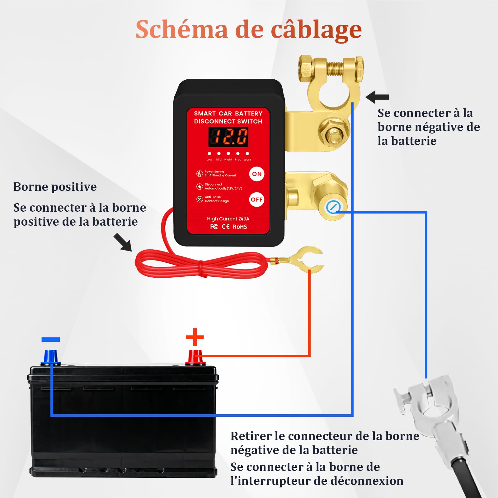 Stacca Batteria 12v, 240A Sezionatore Auto Remoto Senza Fili con Telecomando, 12v Auto Staccabatteria Automatico, Per RV ATV Camion Barca Trattore (Red)