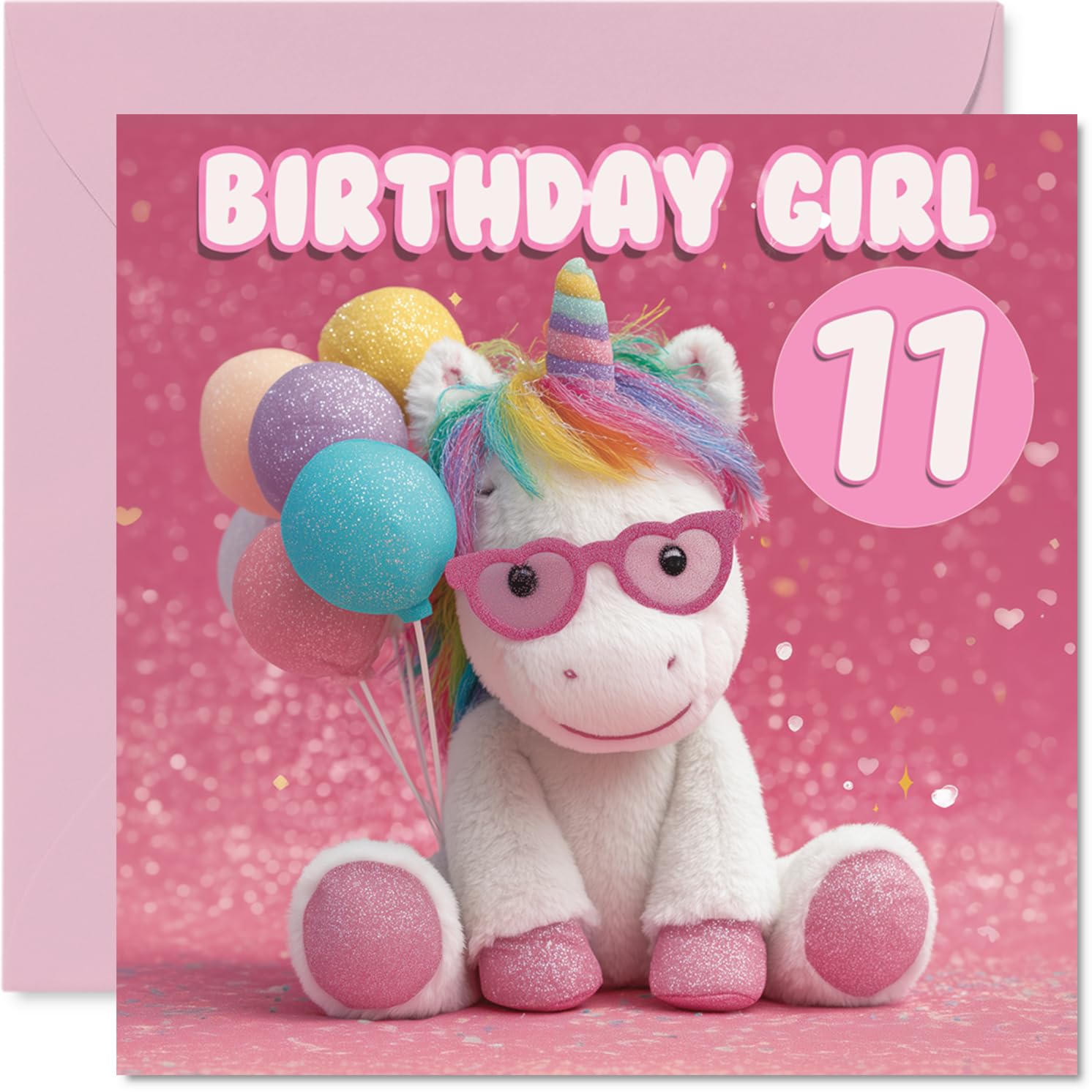 Cute 11th Birthday Card - Sprinkle Her Day with Magic - Adorable Unicorn and Pastel Balloons on a Sparkly Pink Backdrop - 145mm Square, Envelope Included