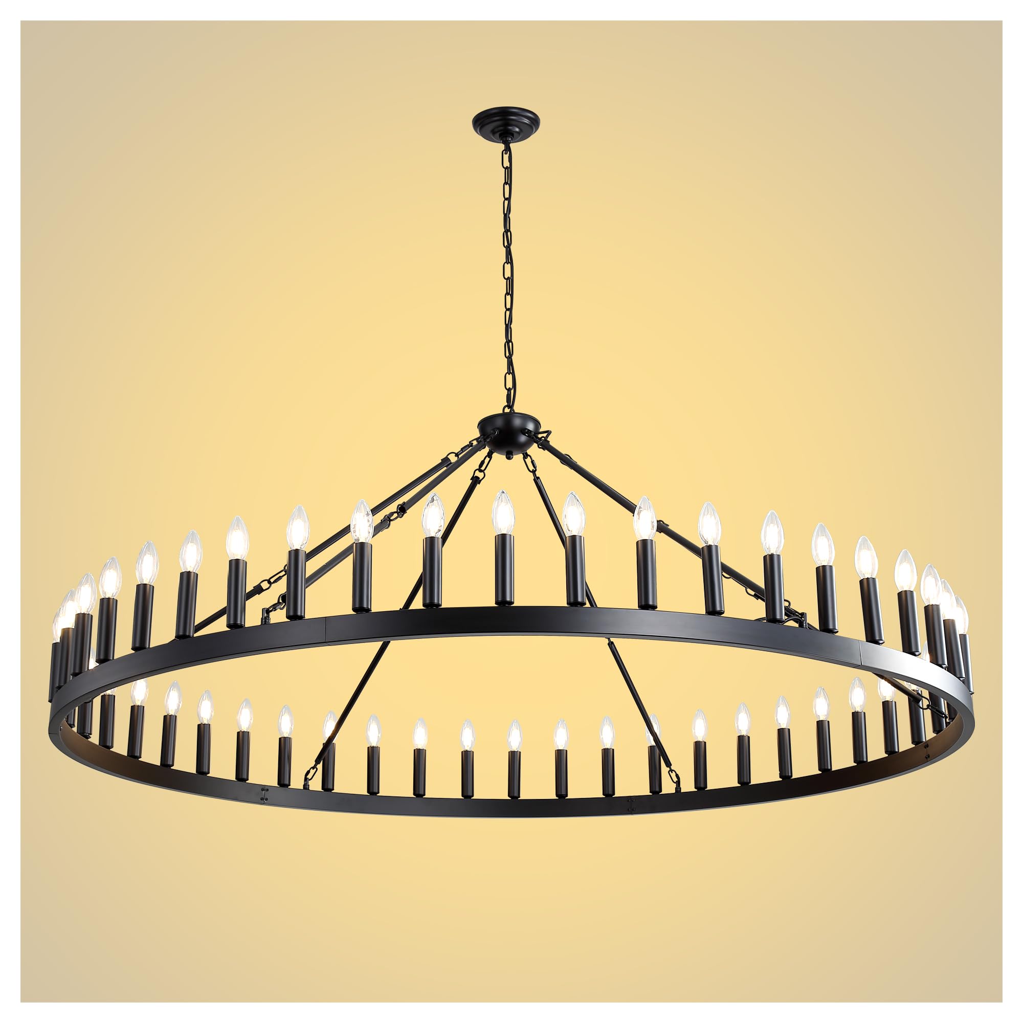 Black Wagon Wheel Chandelier 48-Lights 64 Inch Farmhouse Pendant Light Fixture Round Rustic Hanging Lighting for Dining Room
