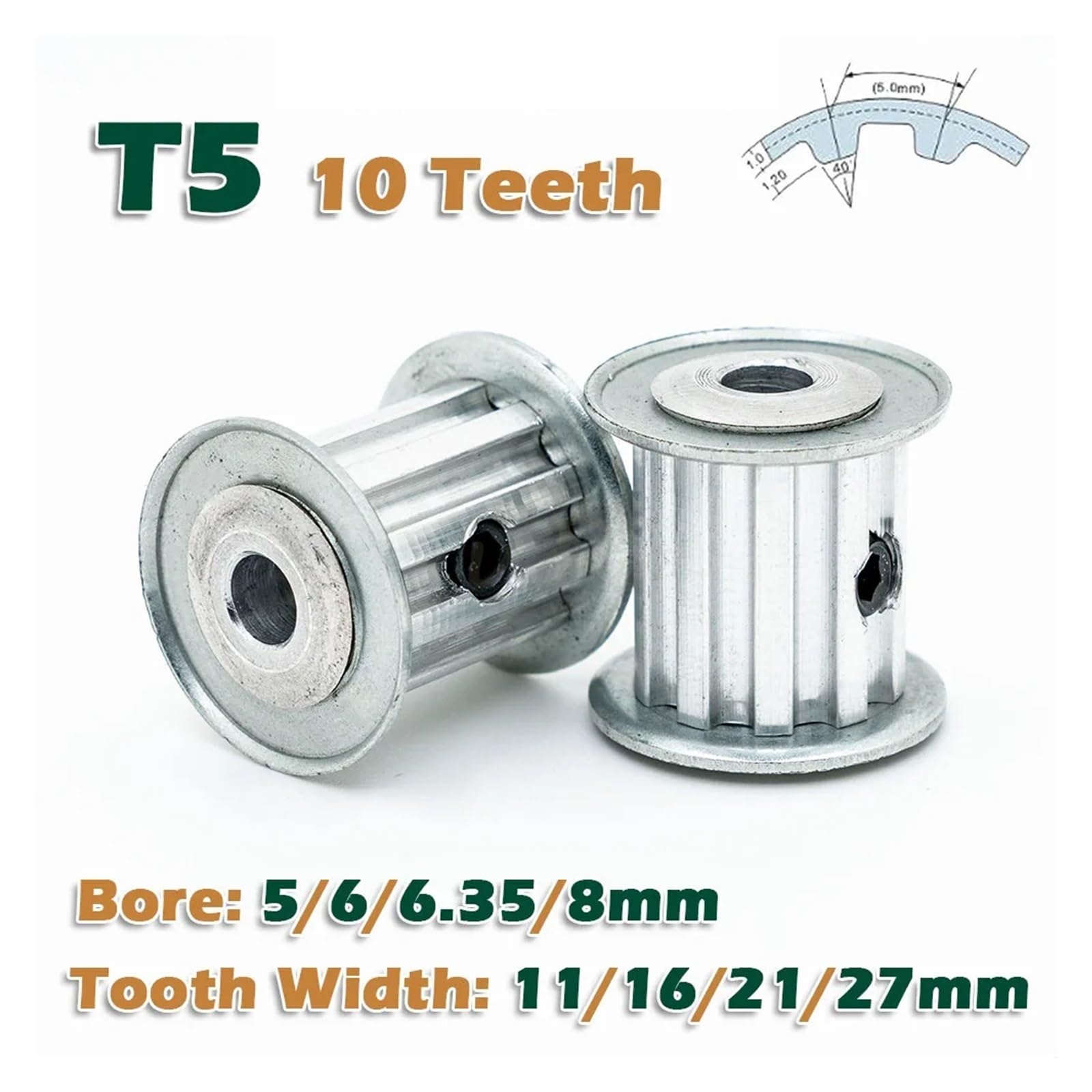 1/2/5/10 Uds T5 10 dientes AF diámetro de la polea de sincronización 5~8mm 10T ancho de los dientes 11~27mm transmisión CNC 10 dientes paso de la rueda motriz 5mm(5mm,2pcs,21mm)