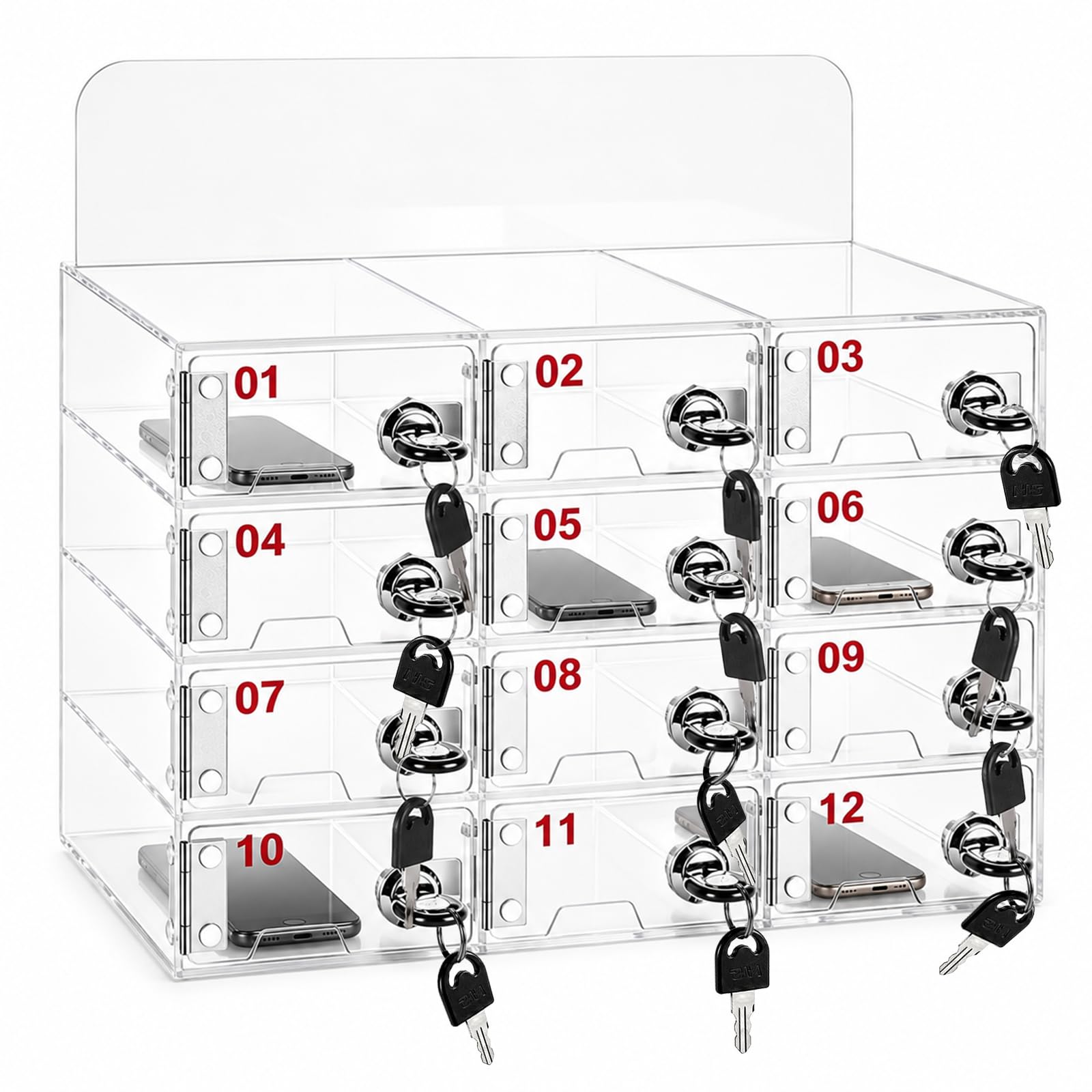 Phone Box with 12 Slots, Mobile Phone Locker with Individual Locks, Keys & Charging Holes, Clear Acrylic Storage Cabinet, Wall Mounted or Desktop Phone Lock Box for School, Classroom and Office