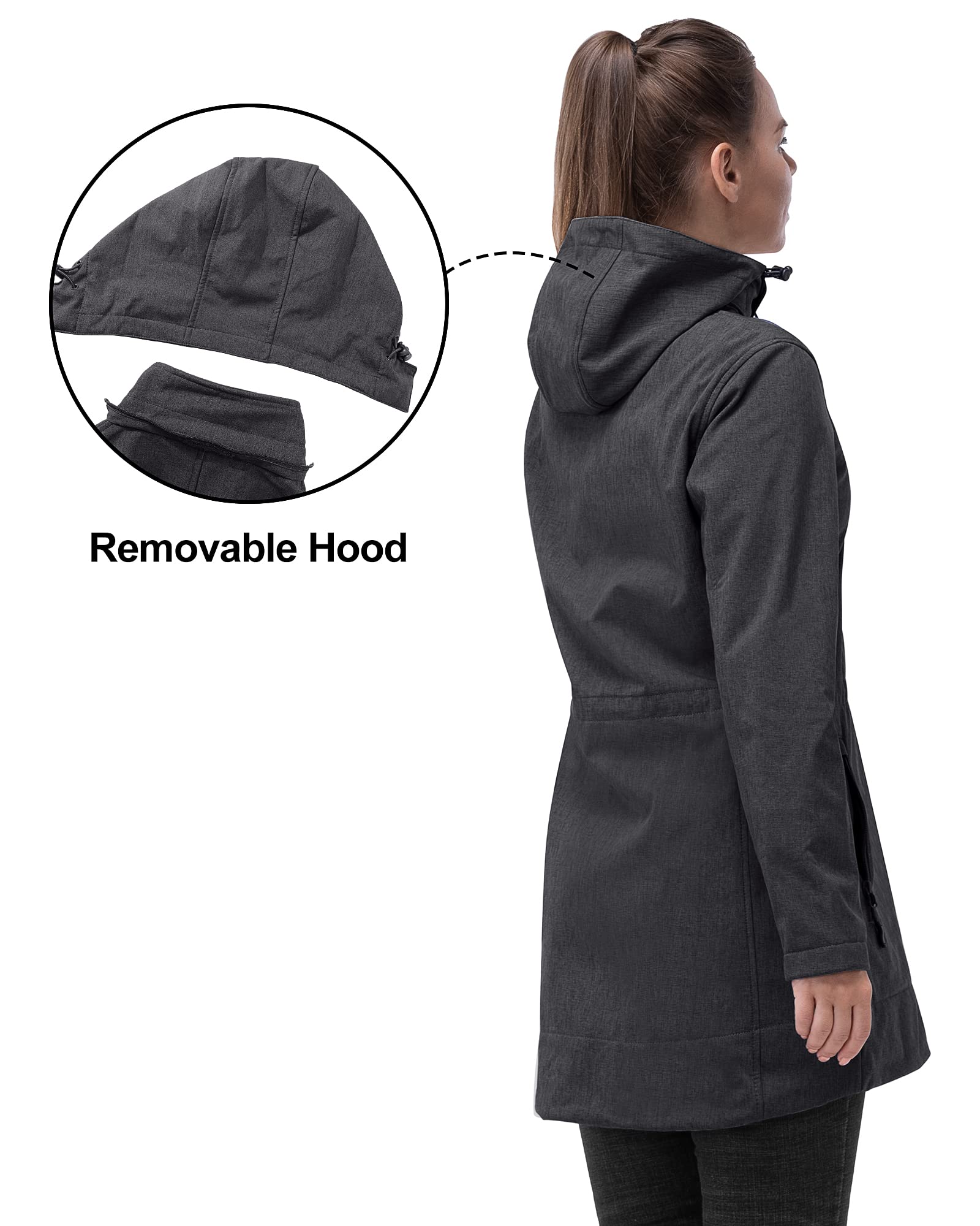 Giacca lunga da donna in softshell, con cappuccio, foderata in pile, antivento, impermeabile