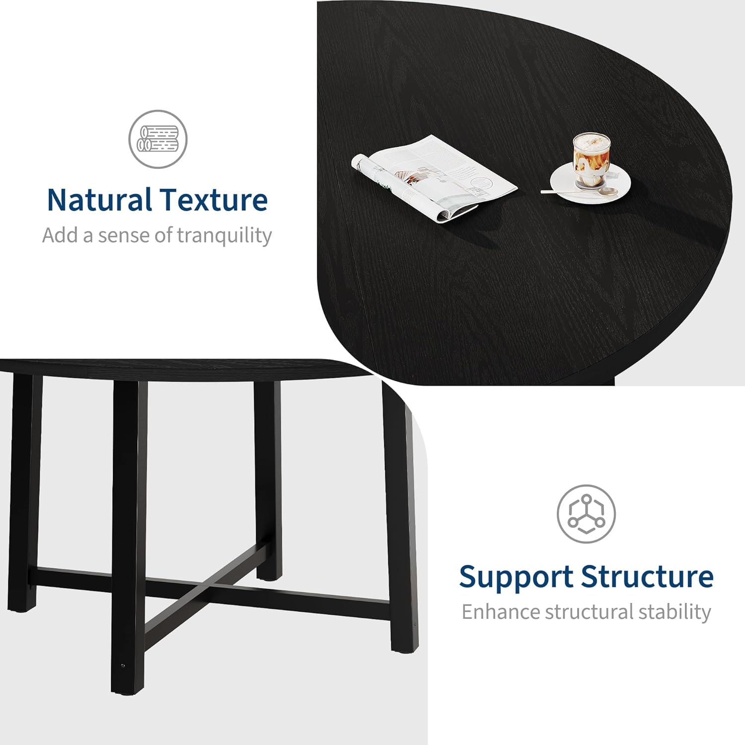 IDEALHOUSE 47" Round Dining Table for 4, Kitchen Dining Room Table with Sturdy Metal Frame, Wood Circle Kitchen Table for Space Saving -Black (No Chairs)