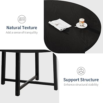Round Dining Table, Industrial Farmhouse Dinner Table for 4 to 6, Wooden Kitchen Table with Sturdy Metal Frame, 47 in Circle Kitchen Table for Dining Room, Kitchen(No Chairs) - Black