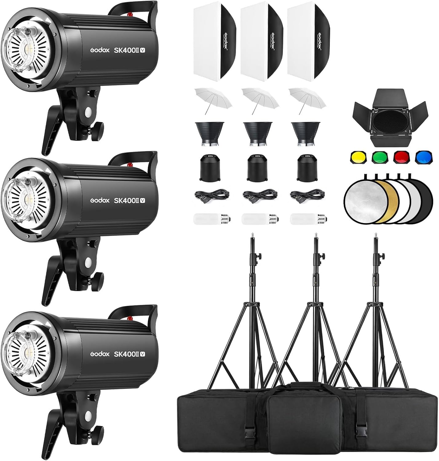 Godox 3 Pack SK400IIV 1200W Studio Strobe Flash Kit, 400W Bowens Mount Monolight, 24”x36” Softbox, 110" Light Stand, Umbrella, Barn Door,Carrying Case for Video Shooting,Prodoct, Portrait Photography