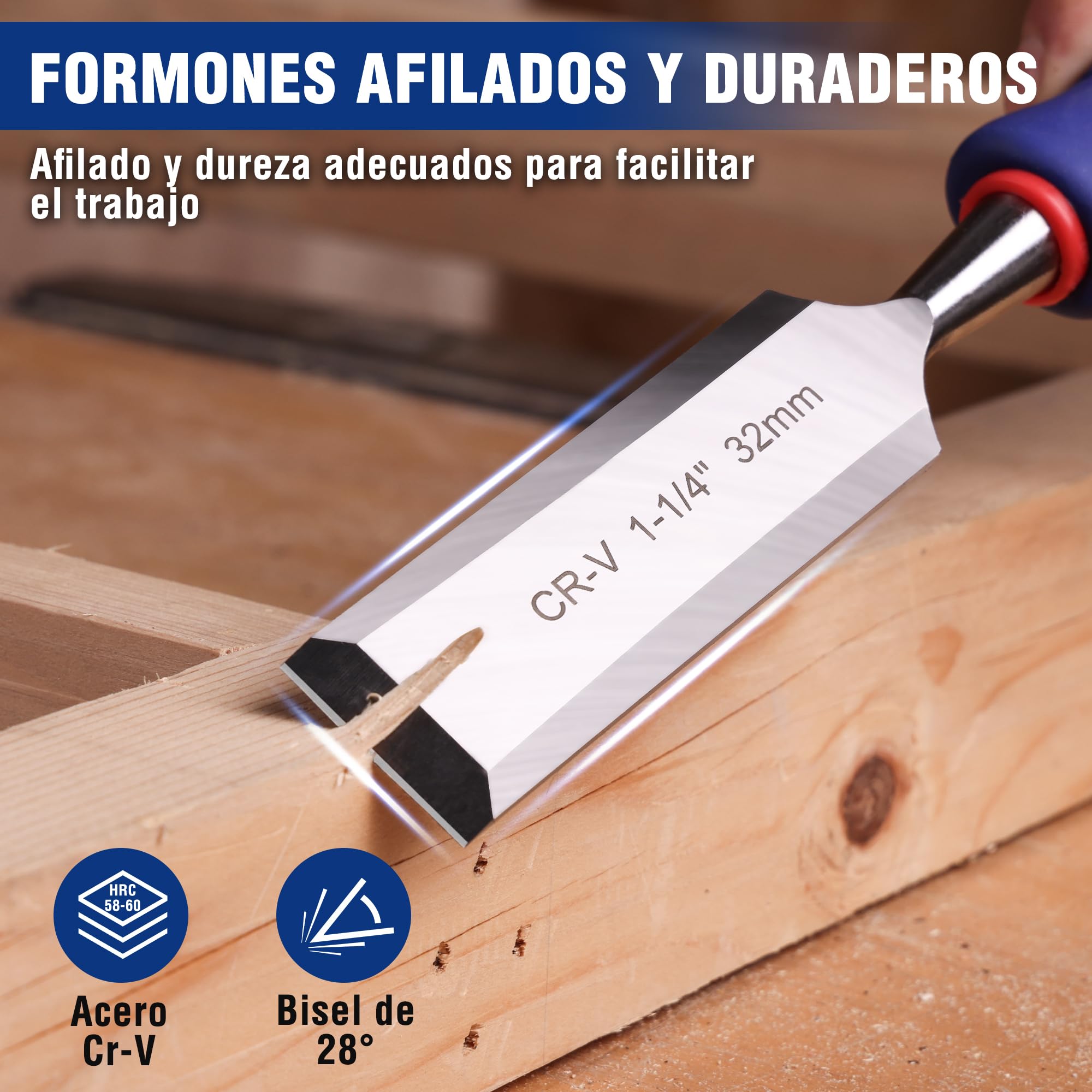 WORKPRO Juego de 10 Cinceles de Madera Cr-V con Mango Antideslizante, Estuche Compacto, Lápices de Carpintero y Piedra de Afilar – 6 Tamaños (6-38mm) para Bricolaje y Carpintería