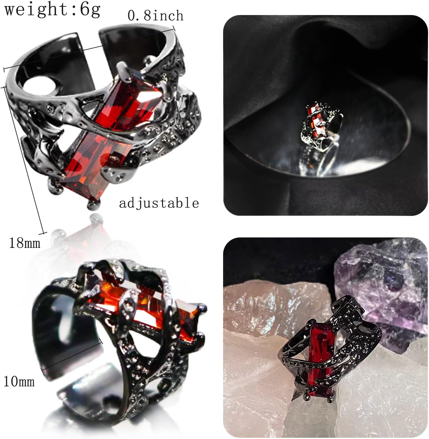 Retro Open Adjustable Red Crystal Cocktail Statement Ring Zircon Punk Engagement Wedding Bands Rings Luxury Fashion Jewelry for Women Gift Black Gold Plated - Image 3
