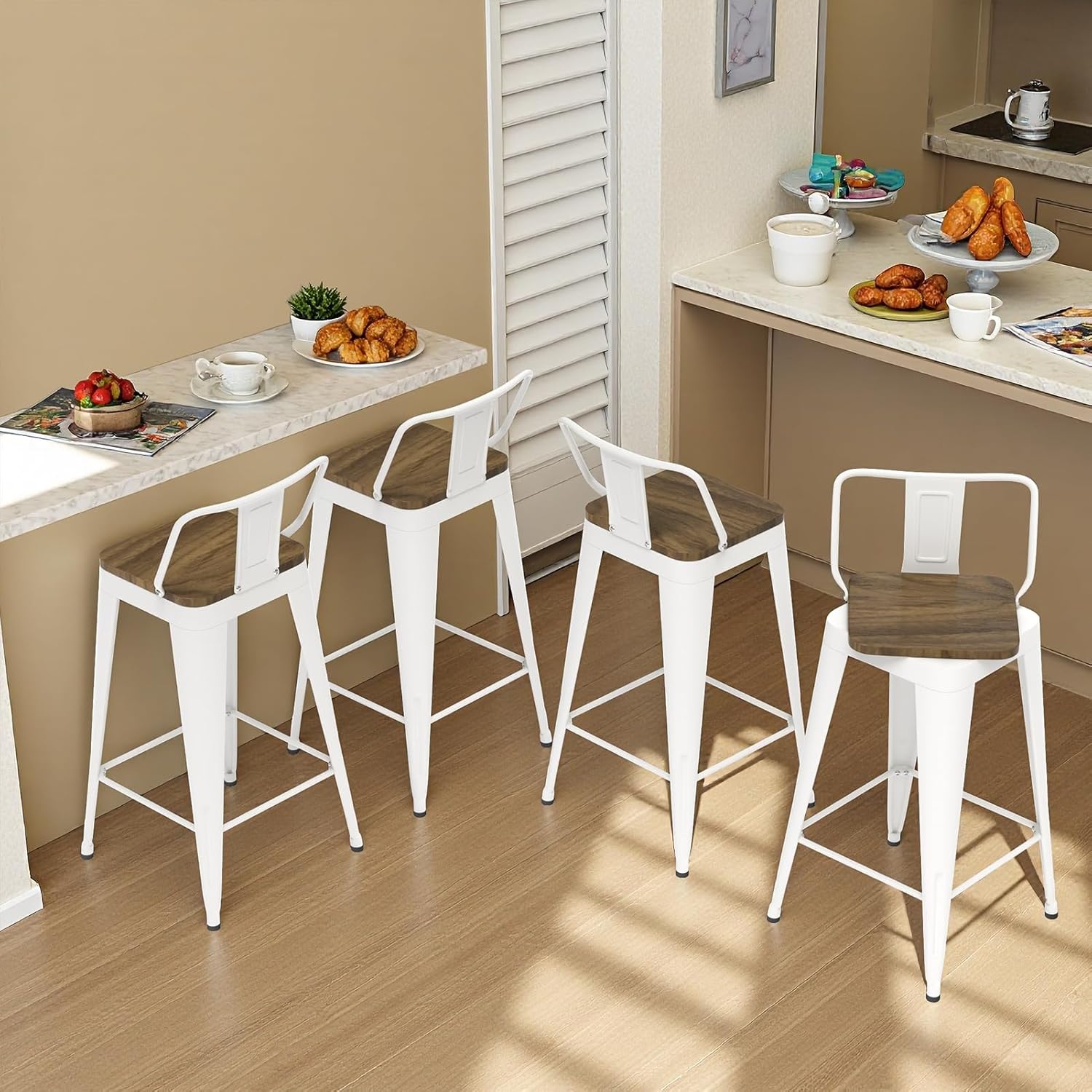 Swivel Bar Stools Set of 2, 26” Metal Bar Stools with Low Back & Wooden Top, Counter Heigt BarStools for Kitchen Island, White
