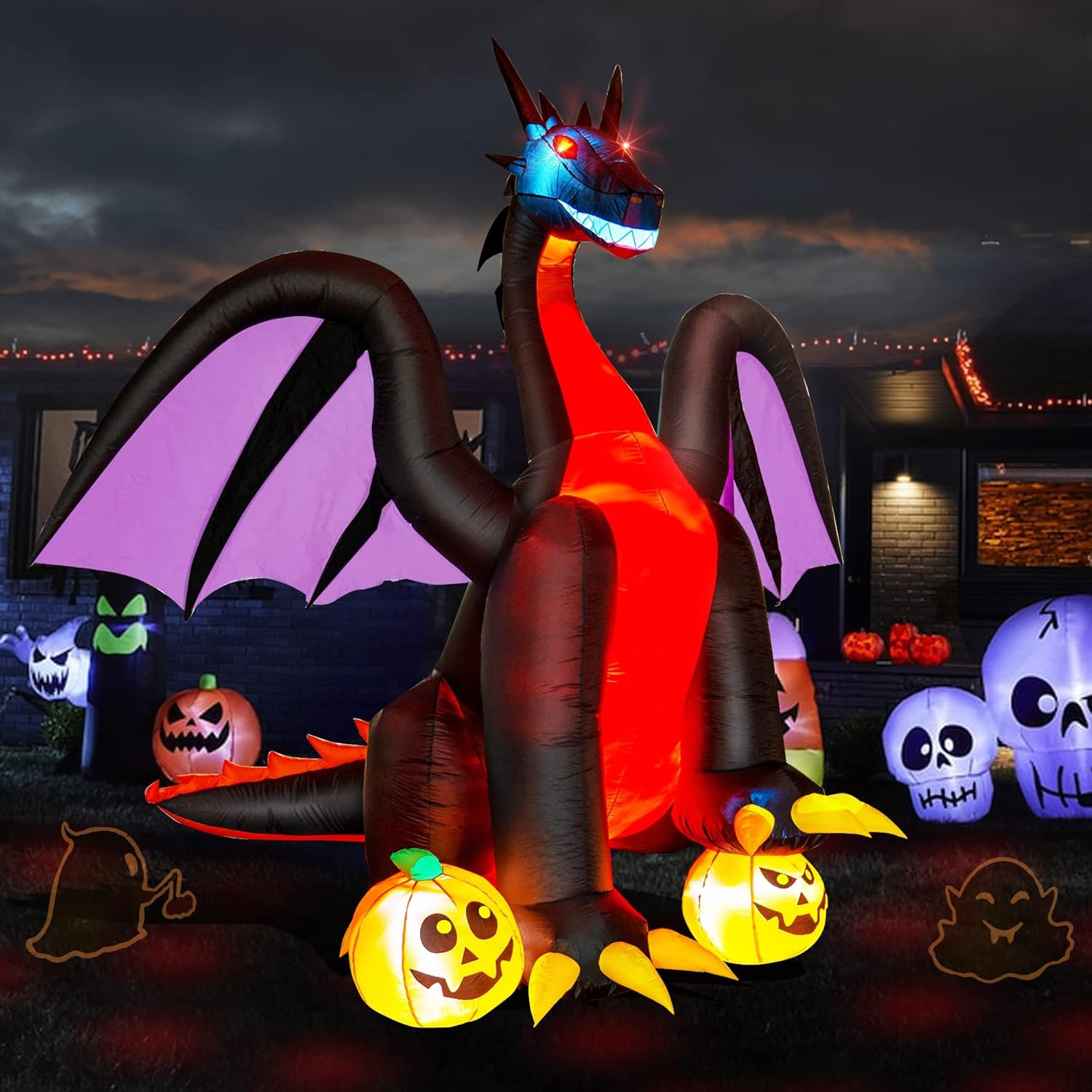 Hourleey 8 FT Halloween Inflatables Decorations, Animated Fire Dragon with Pumpkin, Build-in LED, Blow up Decors for Indoor Outdoor Home Lawn Yard Garden Party Clearance