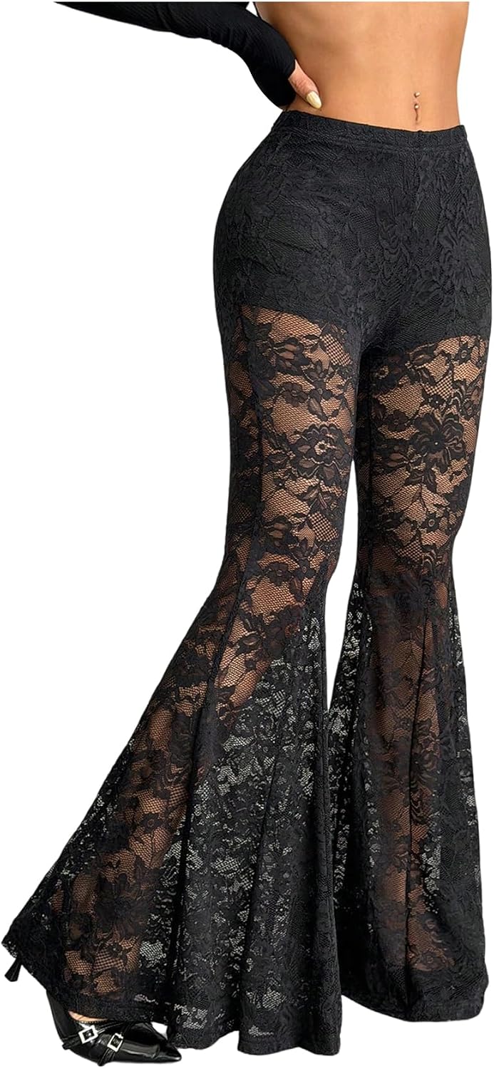 Floerns Women's Y2k Lace Pants Low Rise Flare Leg Concert Outfit Party Trousers