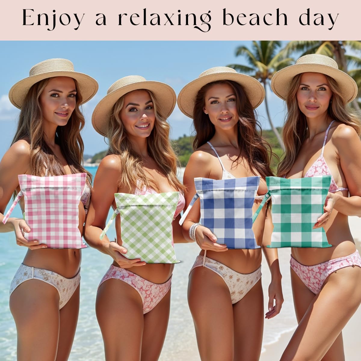 Wet Bag, 4Pcs Wet Dry Bag Set, Reusable Waterproof Bags with Checkered Plaid for Women, Ideal for Beach, Pool, Travel & Daily Essentials Storage