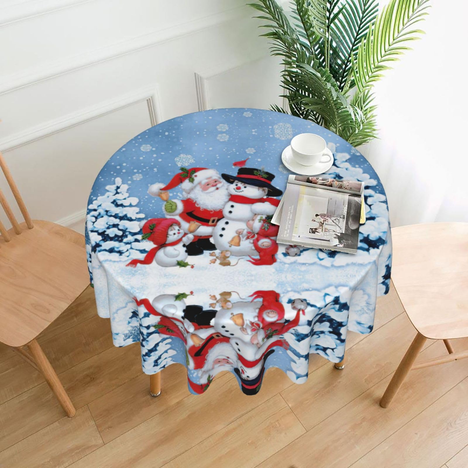 Zcmkjlg Santa Claus and Snowman Print Quick Ship Round Tablecloth 60in Polyester Washable Cover for Dining Room