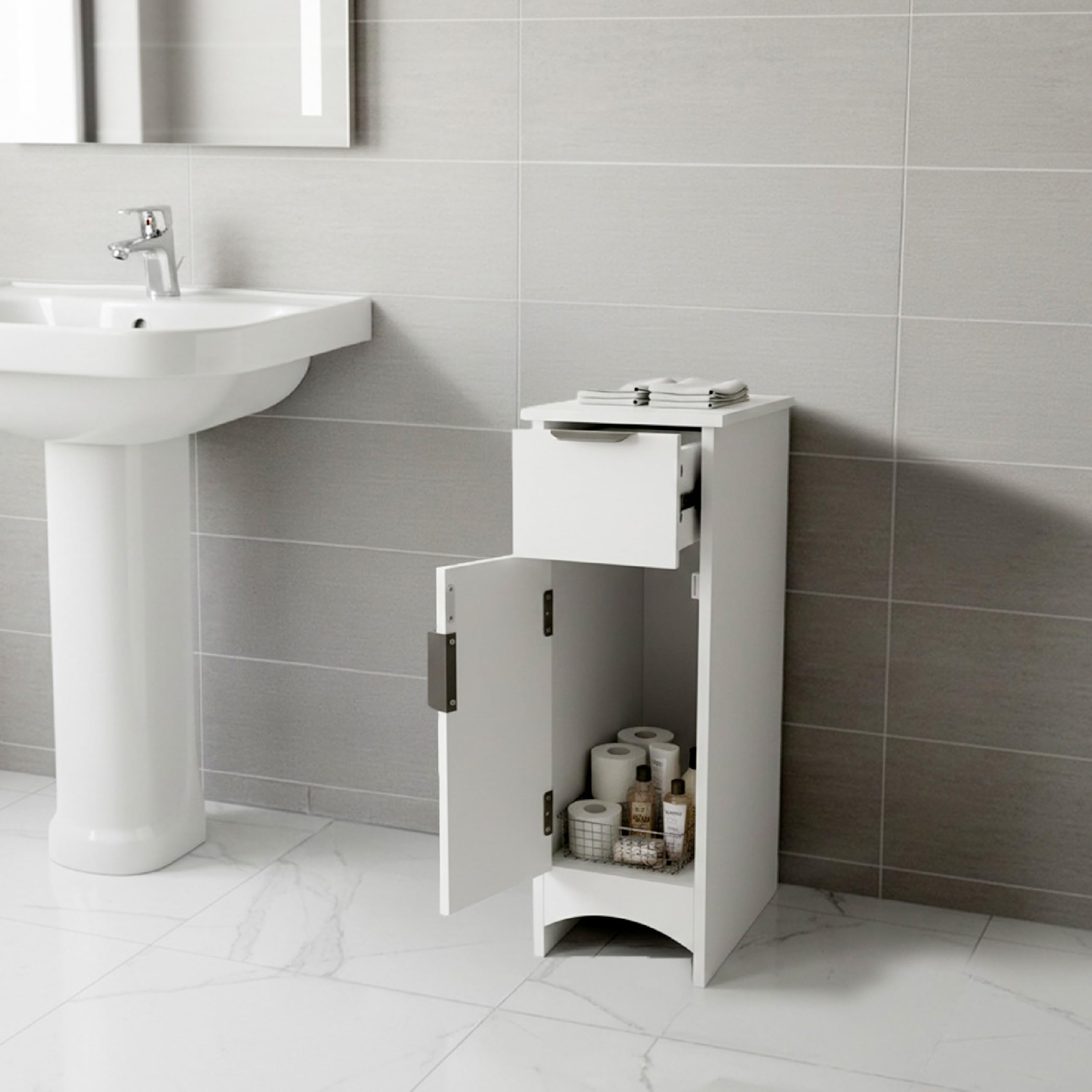 Baroni Home Colonna Bagno Salvaspazio, Mobile Alto con Ripiani Aperti e Ante, Armadietto Multiuso, Colonnina Moderna per Bagno, Cucina e Camera da Letto, 21x46x62 cm 1 Anta 1 Cassetto Bianco