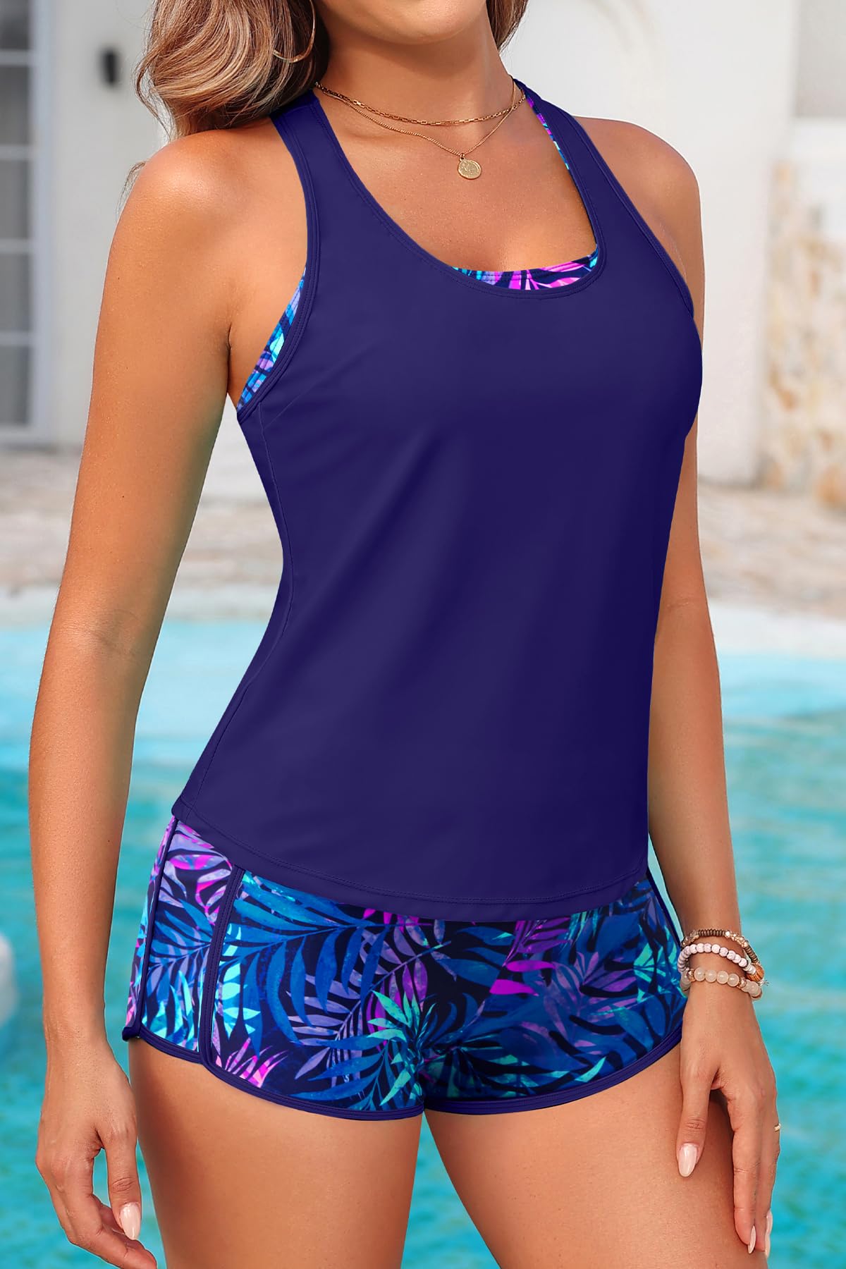 Yonique Maillot de Bain Tankini de Sport 3 pièces pour Femme avec Short, débardeur et Soutien-Gorge de Sport