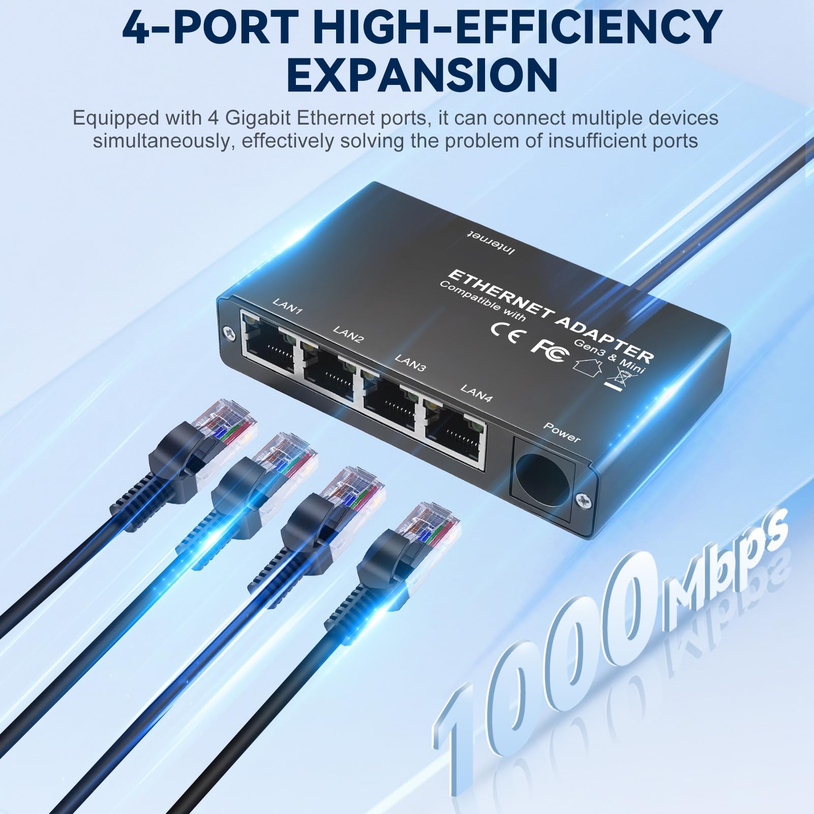 adapter Ethernet Gen 3/Mini, 4 porty RJ45 do przewodowych sieci zewnętrznych, podłączenie 4 urządzeń jednocześnie, szary