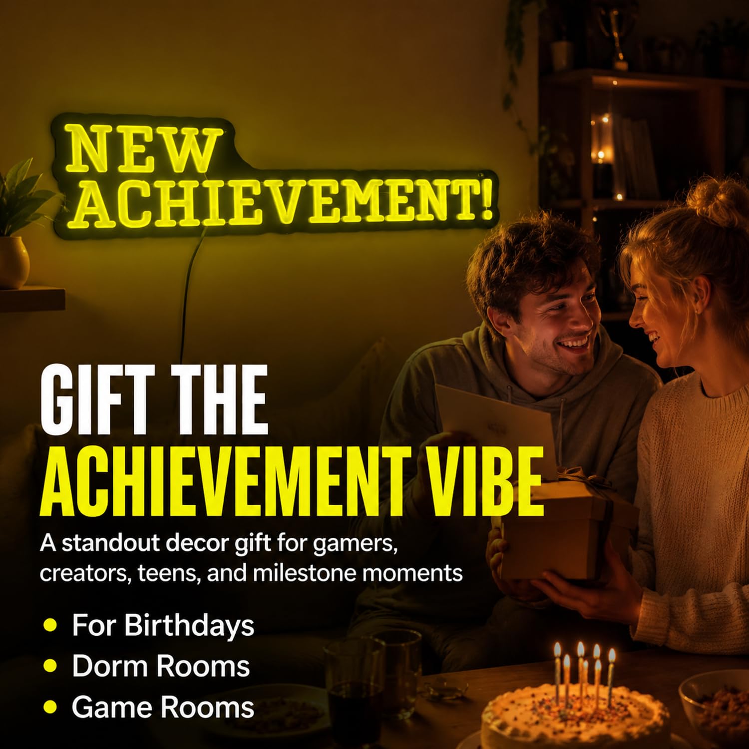 Targa al neon con scritta "NEW ACHIEVEMENT!", 45 x 15,2 cm, decorazione da parete a LED gialla, con retro in acrilico, alimentata tramite USB, per la stanza dei videogiochi, per la camera da letto e