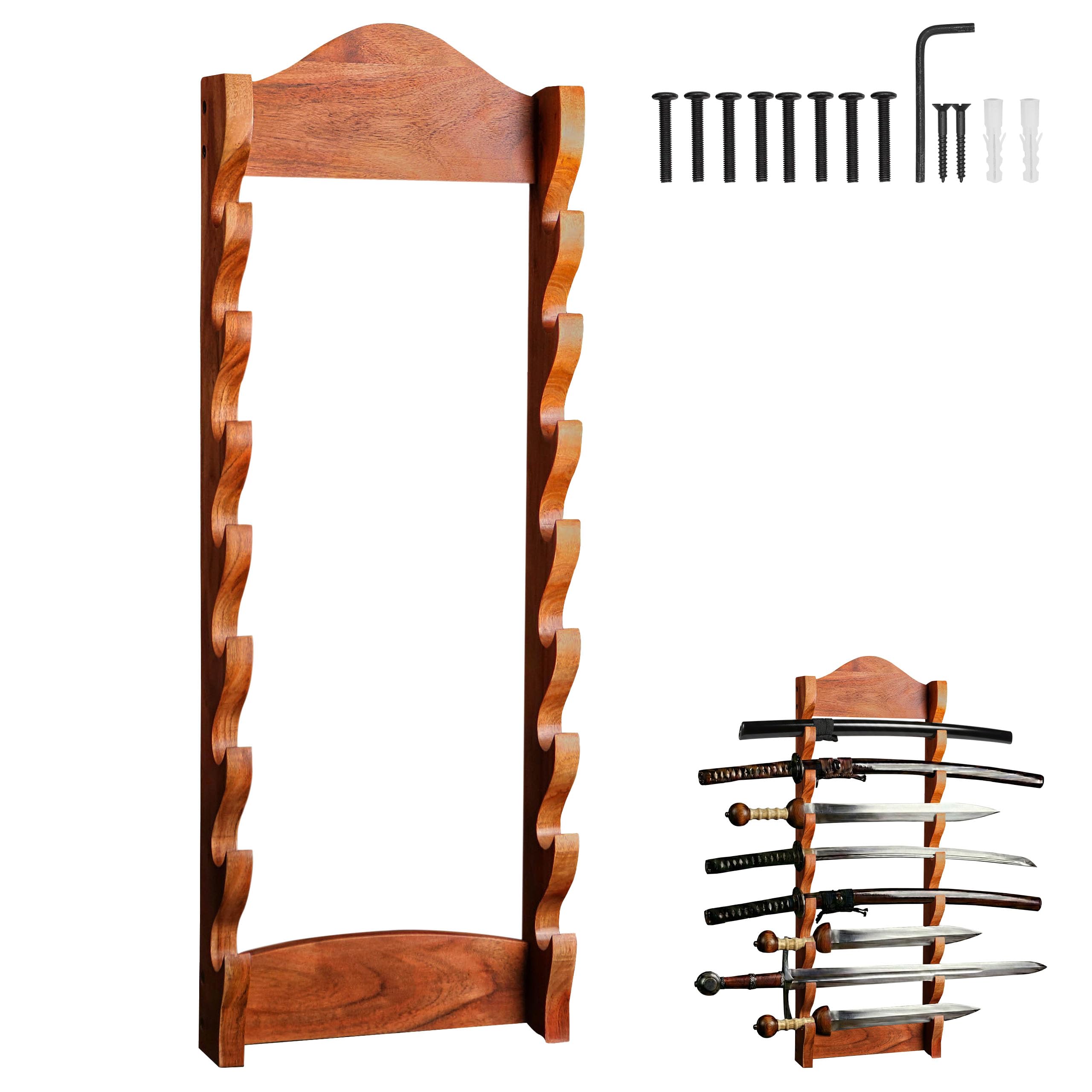 Mythrojan Natural Sword Holder Katana Sword Stand Wooden Sword Display Stand Lightsaber Crusader Gladiator Sword Display Rack - 8 Tier