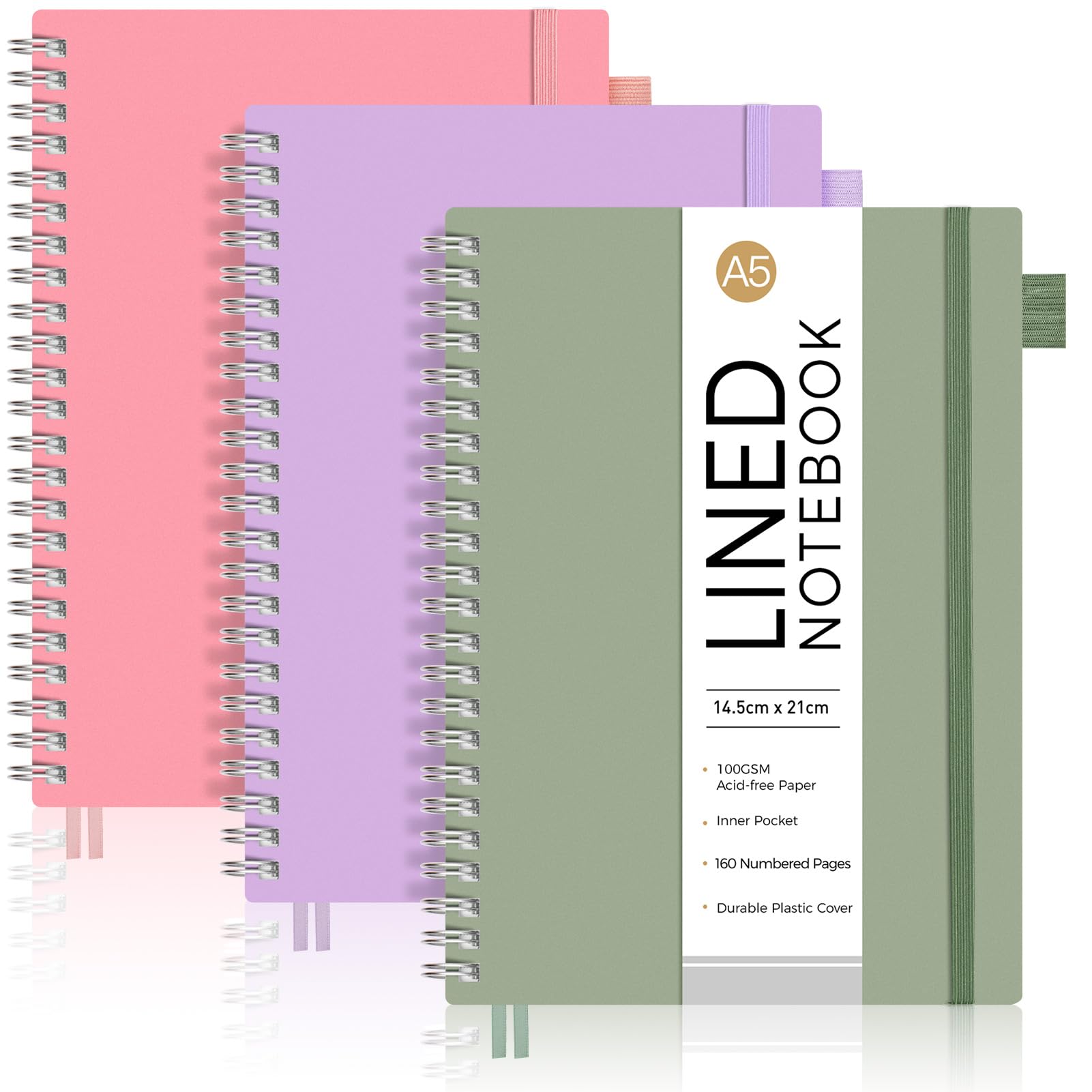 AUTEMPO A5 Notebook Lined, 3 Pack Notepad Wirebound Spiral Notebooks 80sheets/160 Pages for Writing 100gsm Thick Paper