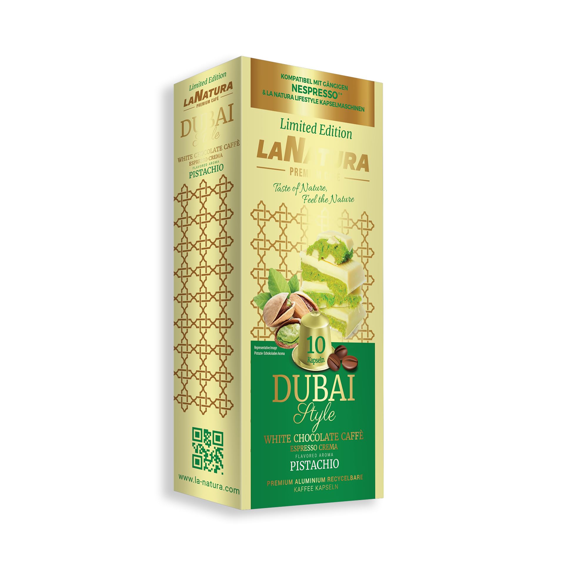 La Natura Lifestyle Dubai Weiße Schokolade Kaffeekapseln – 110 Stück, Aluminium Kapseln, cremig-süßes Aroma, kompatibel mit Nespresso Original Line Maschine