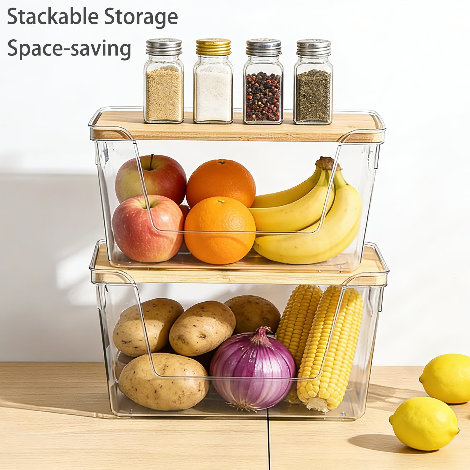 Set di 2 contenitori impilabili per dispensa, per patate, cipolla, aglio, frutta, verdura, prodotti, con apertura frontale trasparente e coperchio