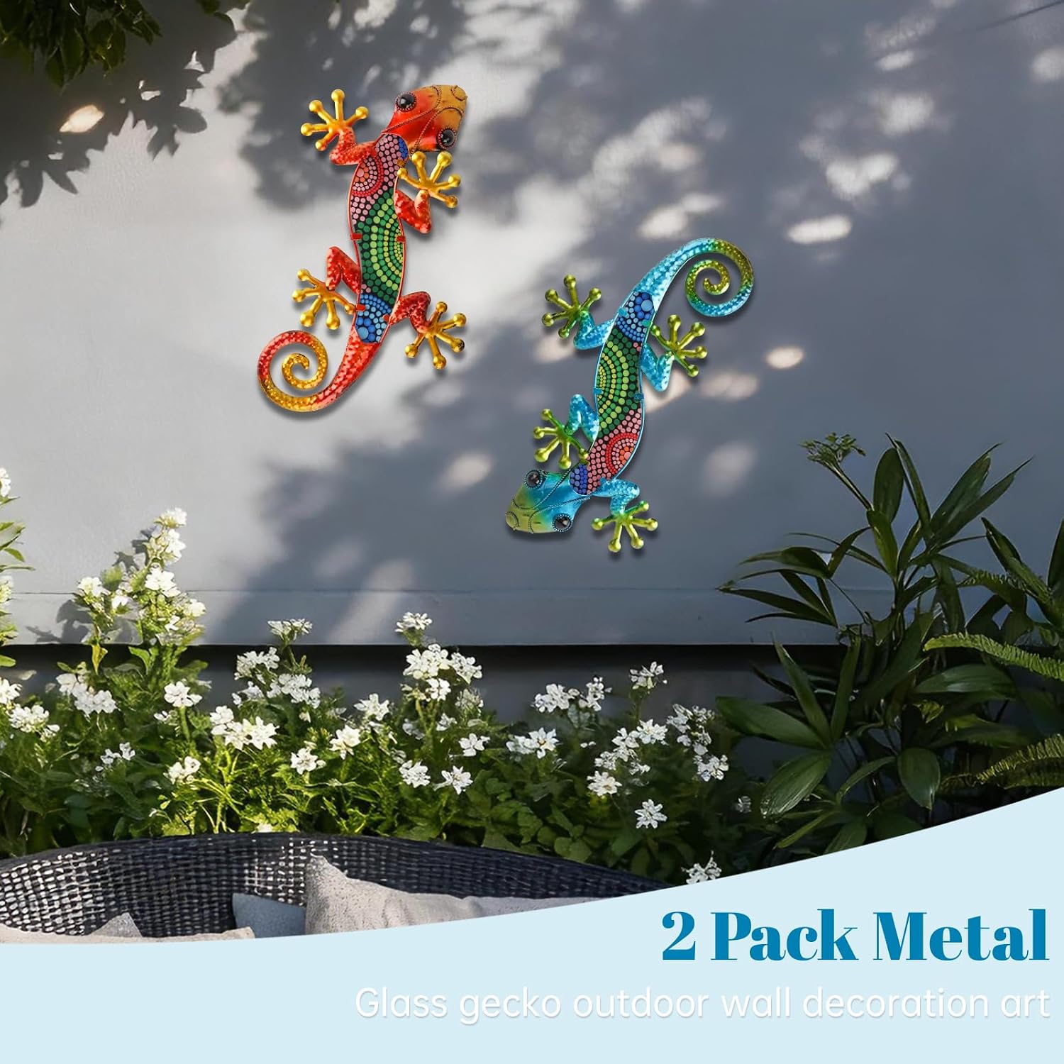 WANFSOWO 3D Metal Gecko Wall Art, 2 Pack Colorful Lizard Wall Decor, 14.76"x8.66" Hand-Painted Dot Pattern Outdoor Garden Fence Sculpture, Indoor Outdoor Hanging Animal Art for Patio Porch Gift