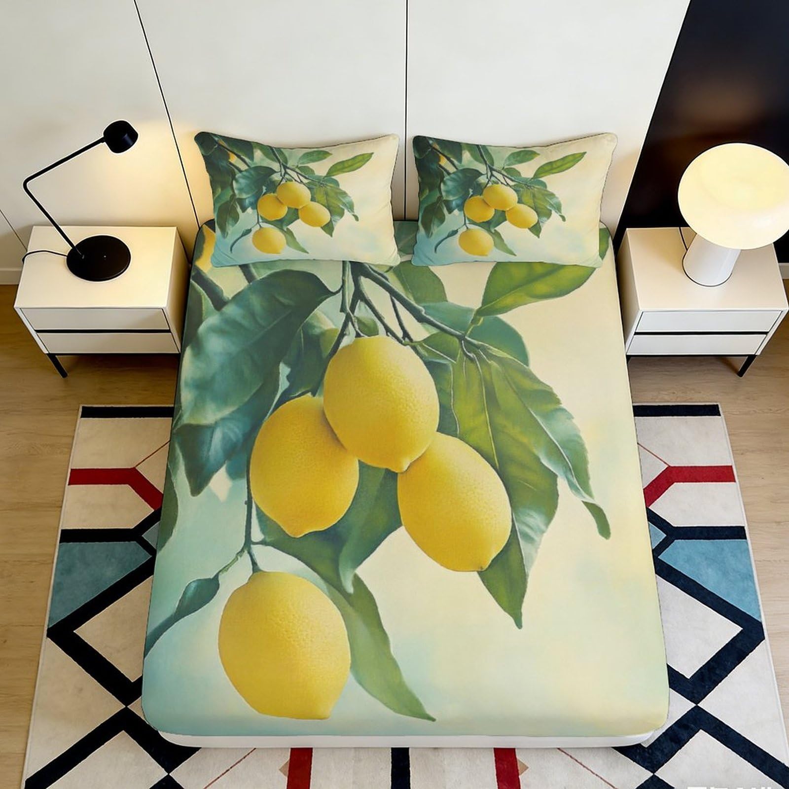 3D Printed Lemon Design Microfiber Deep Pocket Fitted Sheet Full Wrap Non-Slip Mattress Fitted Cover Bedroom Bedding for All Ages 160x200x25cm