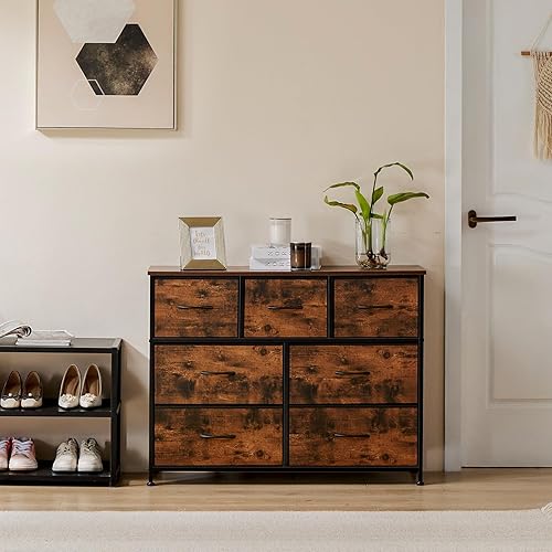 Miniatura 10 de DUMOS Cómoda para dormitorio, organizador de almacenamiento con 9 cajones, cómoda con cubos de tela, marco de metal resistente, mesa de madera para