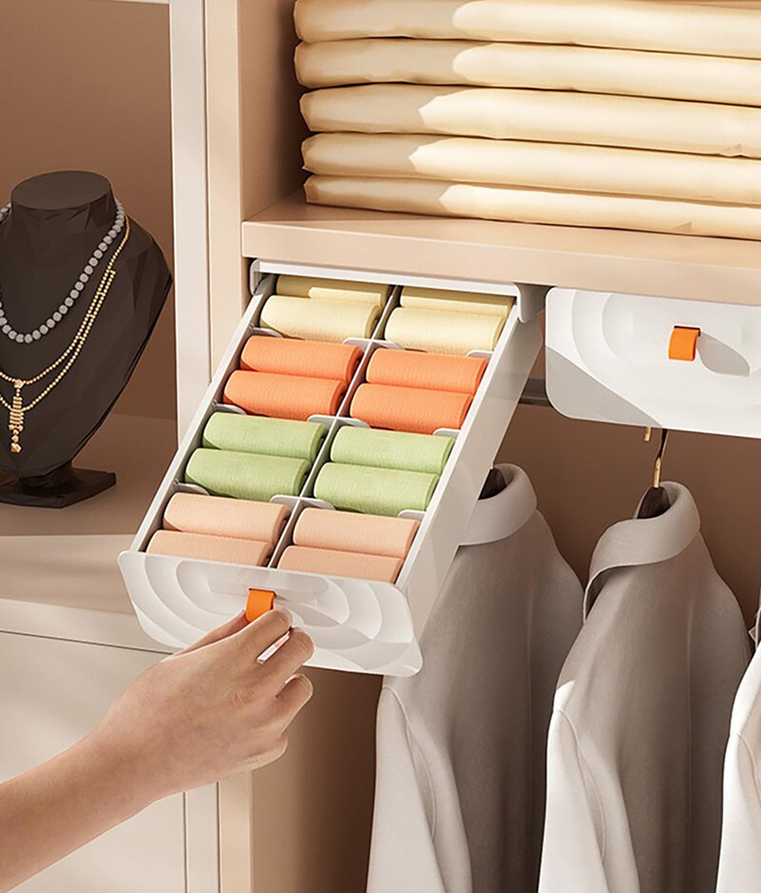 House of Quirk 8 Slot Plastic Utensils Drawer Storage Box Self Adhesive Cabinet Hanging Sock Boxes Under Desk Clothes Organizer Underwear (Beige)