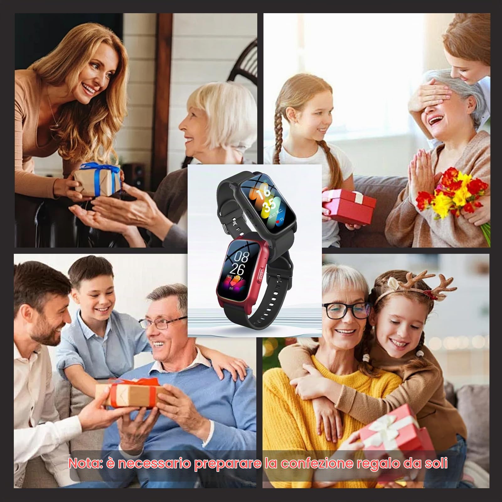 Smartwatch Per Anziani, Con Pulsante SOS, Con Rilevamento Di Avvisi Di Caduta E Posizione GPS Bracciale, Videochiamata HD Orologio Intelligente Per AnzianiRed,1.25 * 0.57 * 2.22inch