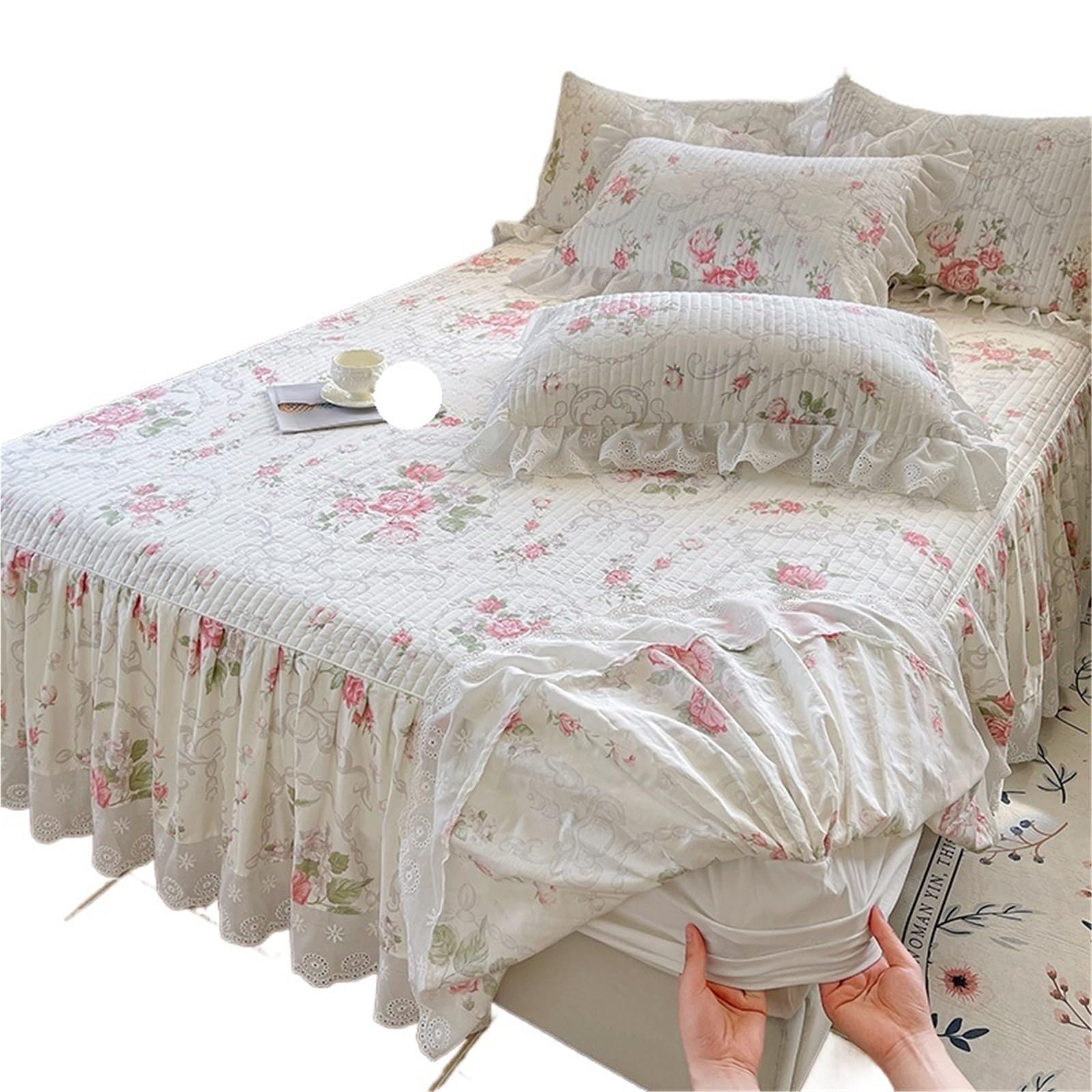 3Pcs Lace Ruffles Floral Pure Cotton Quilted Bed Skirt, Mattress Cover, Bedspread, Sheet, Fitted, With Pillowcases(Color02,200X220cm 3pcs)