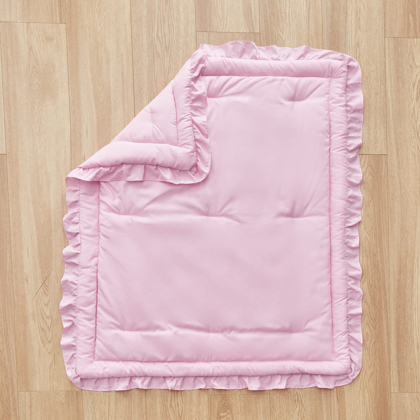 Juego de ropa de cama de 3 piezas para cuna, edredón acolchado con volantes y sábana bajera y almohada, diseño de manta suave, color rosa